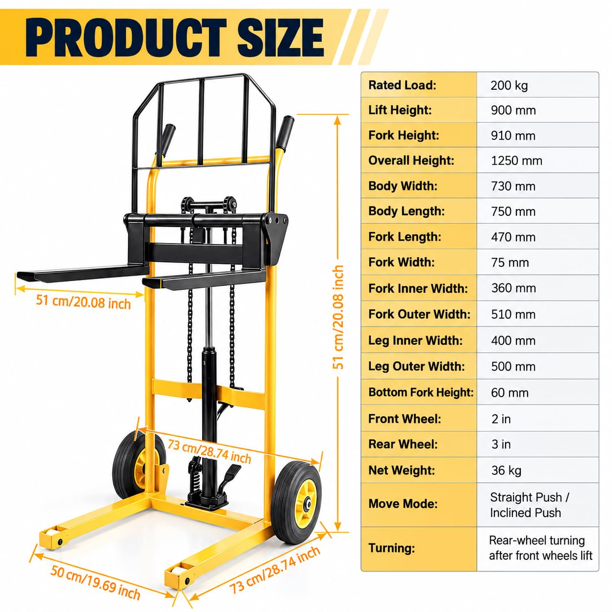 Apilador hidráulico Manual 200 kg, elevación 900 mm, con cabrestante