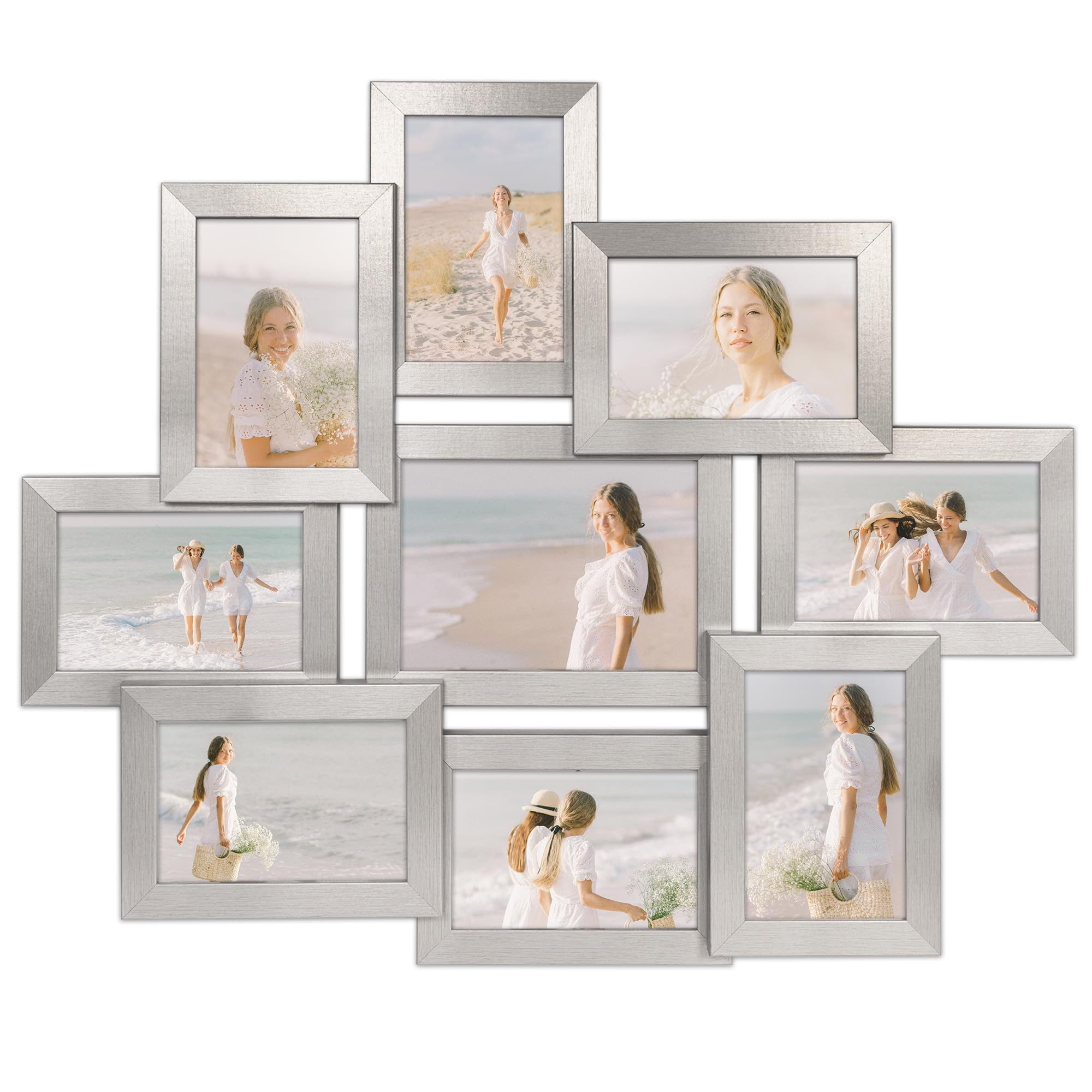 Multirahmen für 9 Fotos – Bilderrahmen Collage aus MDF Holz mit bruchsicherem Plexi – Modern & vielseitig – Hergestellt in der EU – Silber