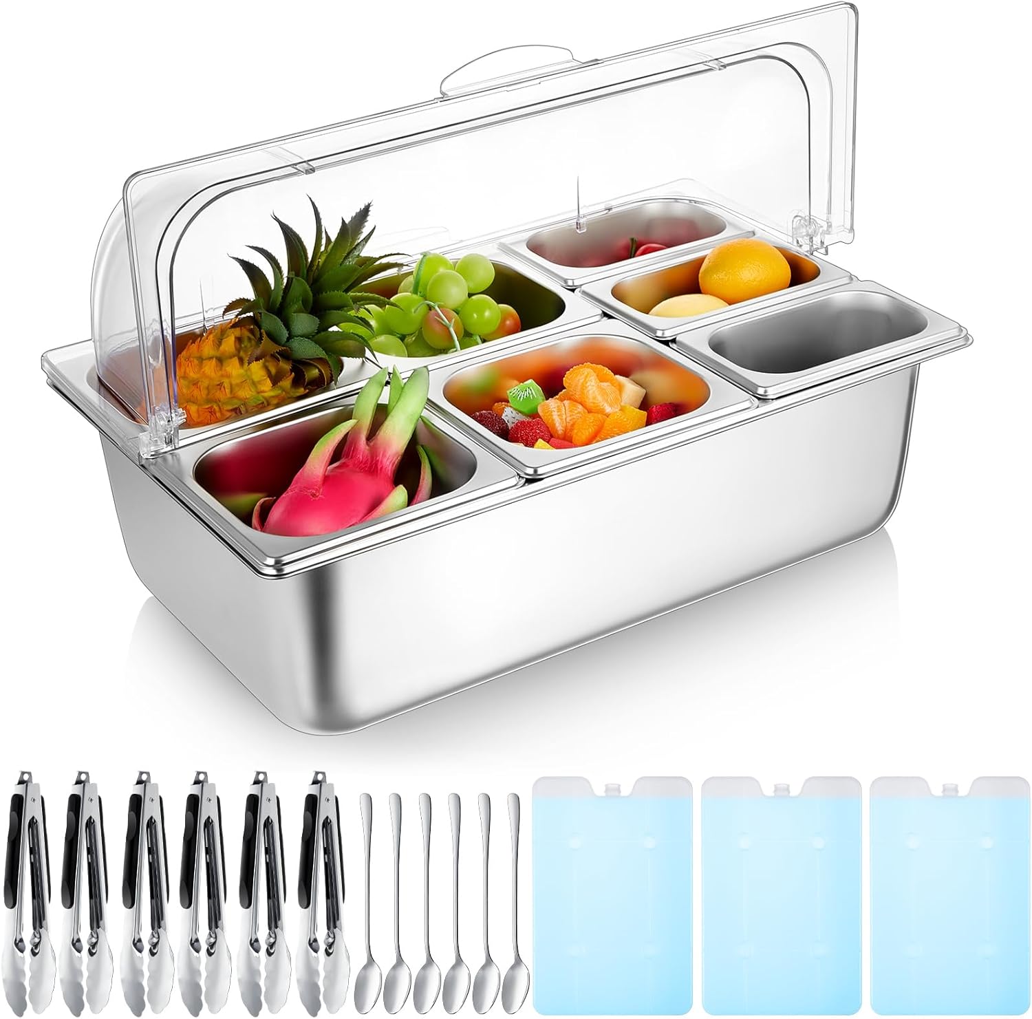 Tessco for you 16 Pcs Ice Food Spice Serving Display Countertop Chilled Condiment Container Set with Lid, Stainless Steel Salad Cold Caddy for Buffet Restaurant Kitchen Party(7 Compartments)