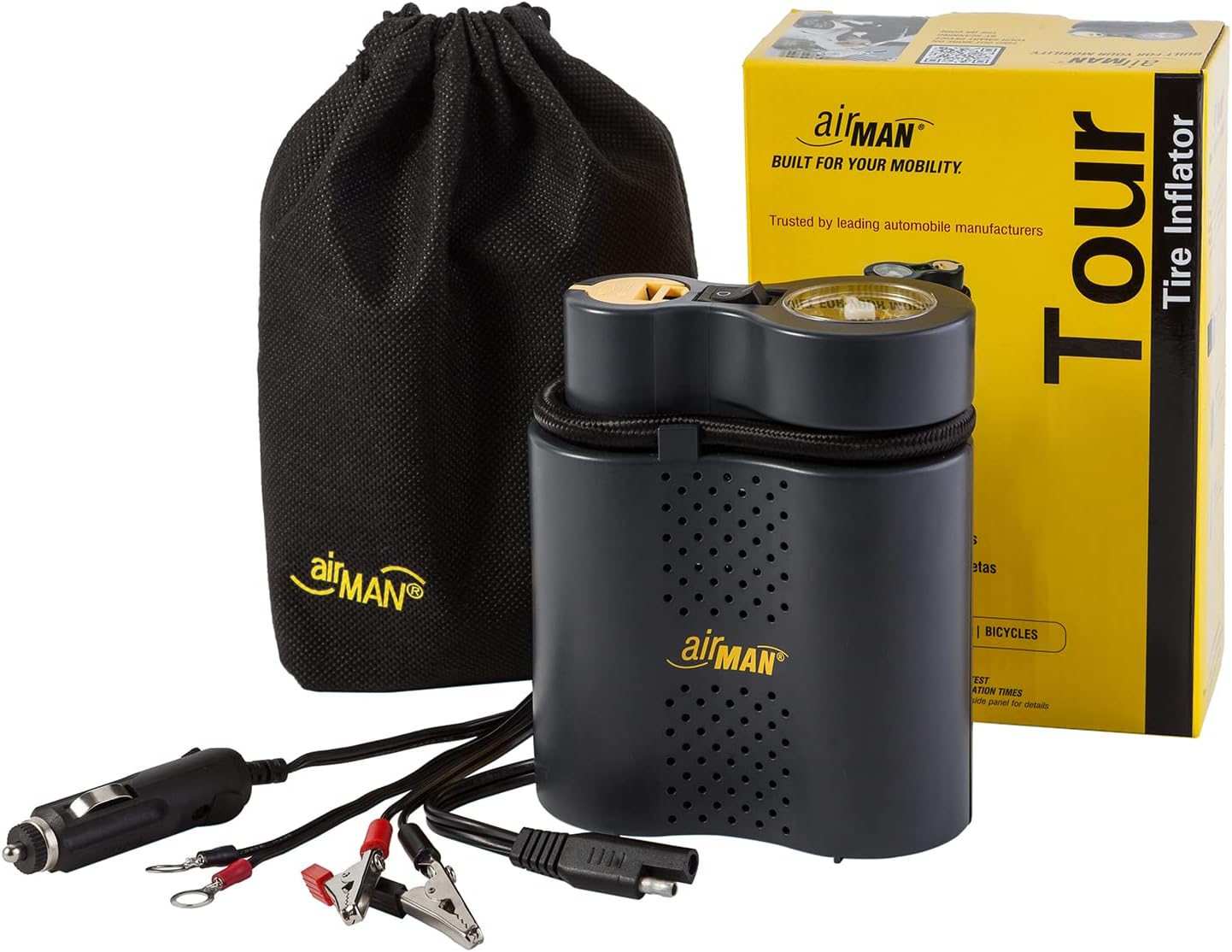 AirMan Tour Adventure Compact Air Compressor with SAE,Crocdile Clips,Terminal Rings and 12v Cigarette Socket Connectivity,Black