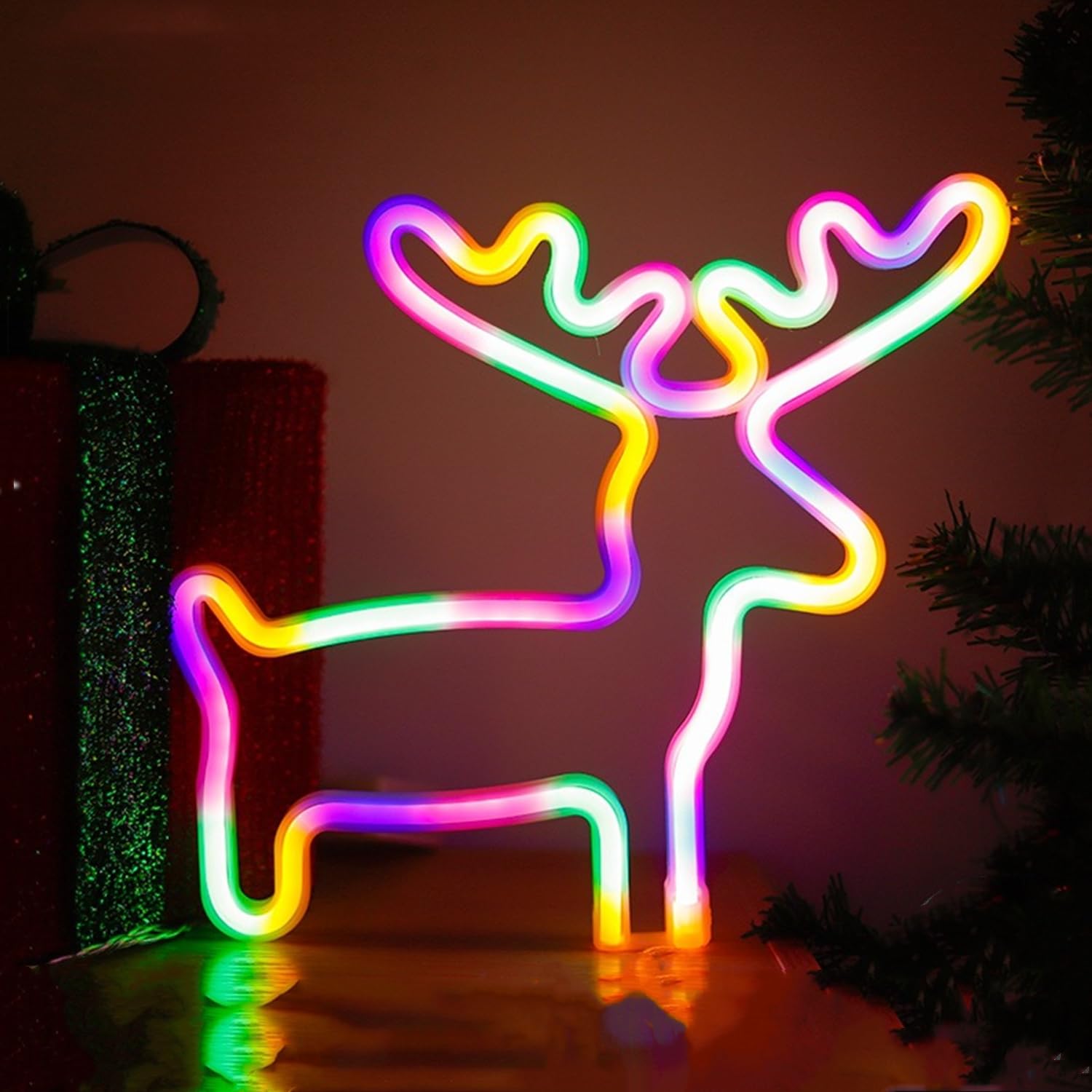 HFHungkeong Christmas Elk LED Neon Light Sign Handmade Lamp for Wall Room Party Home Bar Art Christmas Bedroom Table Wedding Party Desktop Decoration Teen Kids Birthday USB Powered(Colored) — image 1