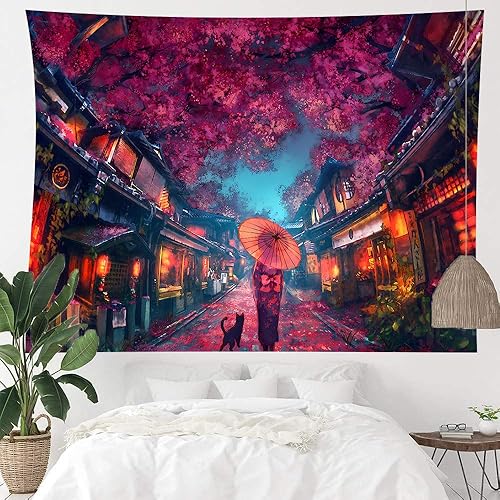 Miniatura 6 de Aidatain Tapiz de anime japonés antiguo japonés de paisaje de calle nocturna, tapiz de farol de flor de cerezo, tapiz grande de 60 pulgadas de largo