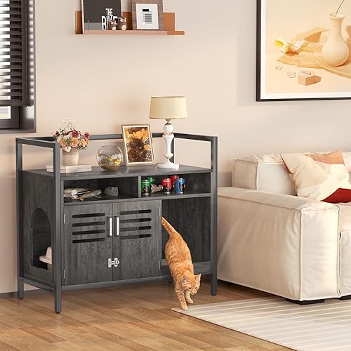 Miniatura 2 de Homieasy Caja de arena caja de arena para gatos muebles ocultos armario de baño para gatos con puerta con listones bloqueables y almohadilla para