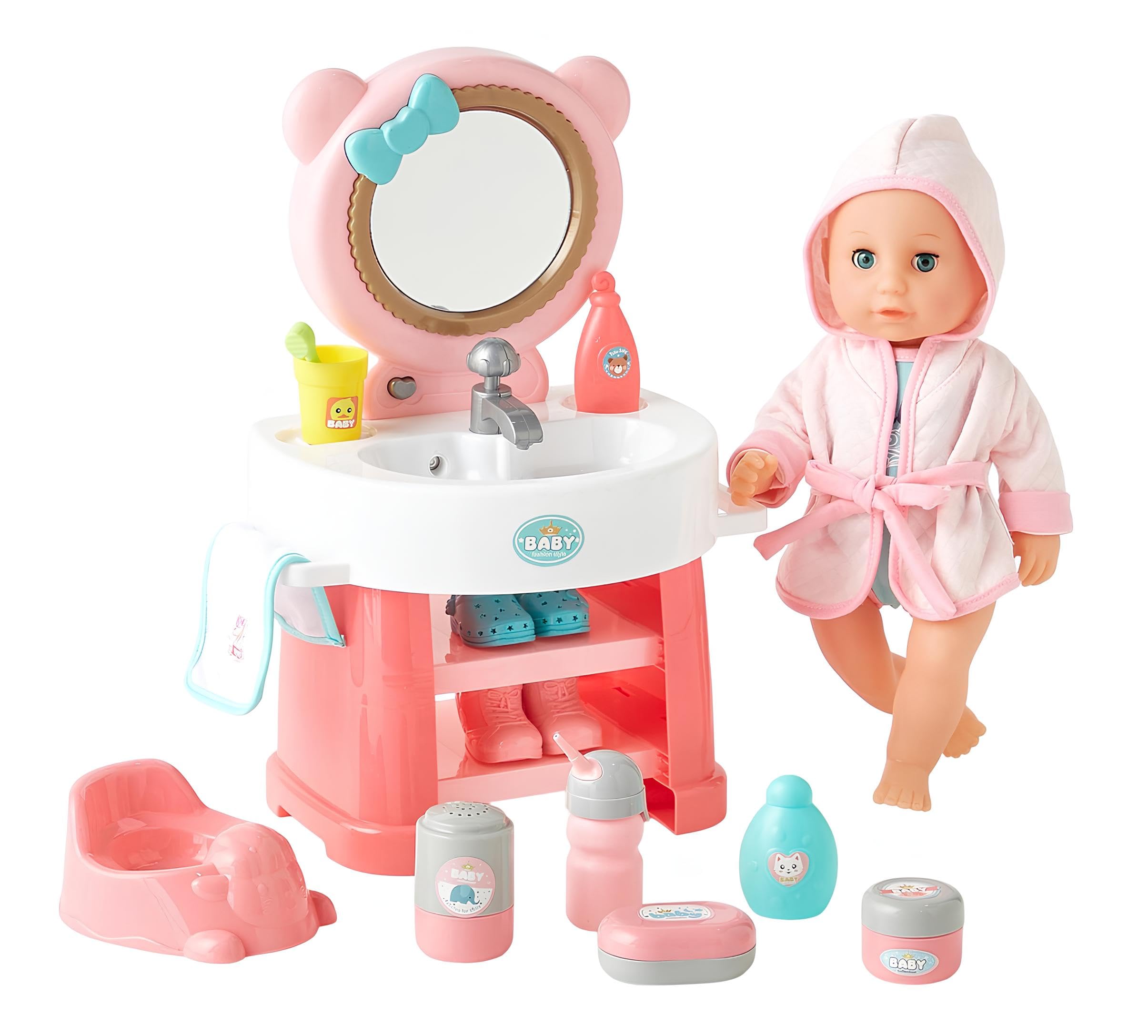 Bambola che Beve e Fa Pipì Parlante con Specchiera Luminosa Sonora Lavandino con Acqua Funzionante Accessori Bagno Vasino Toilette Musica 10 Suoni Gabinetto Bambolotto cm 35 con Specchiera Deluxe