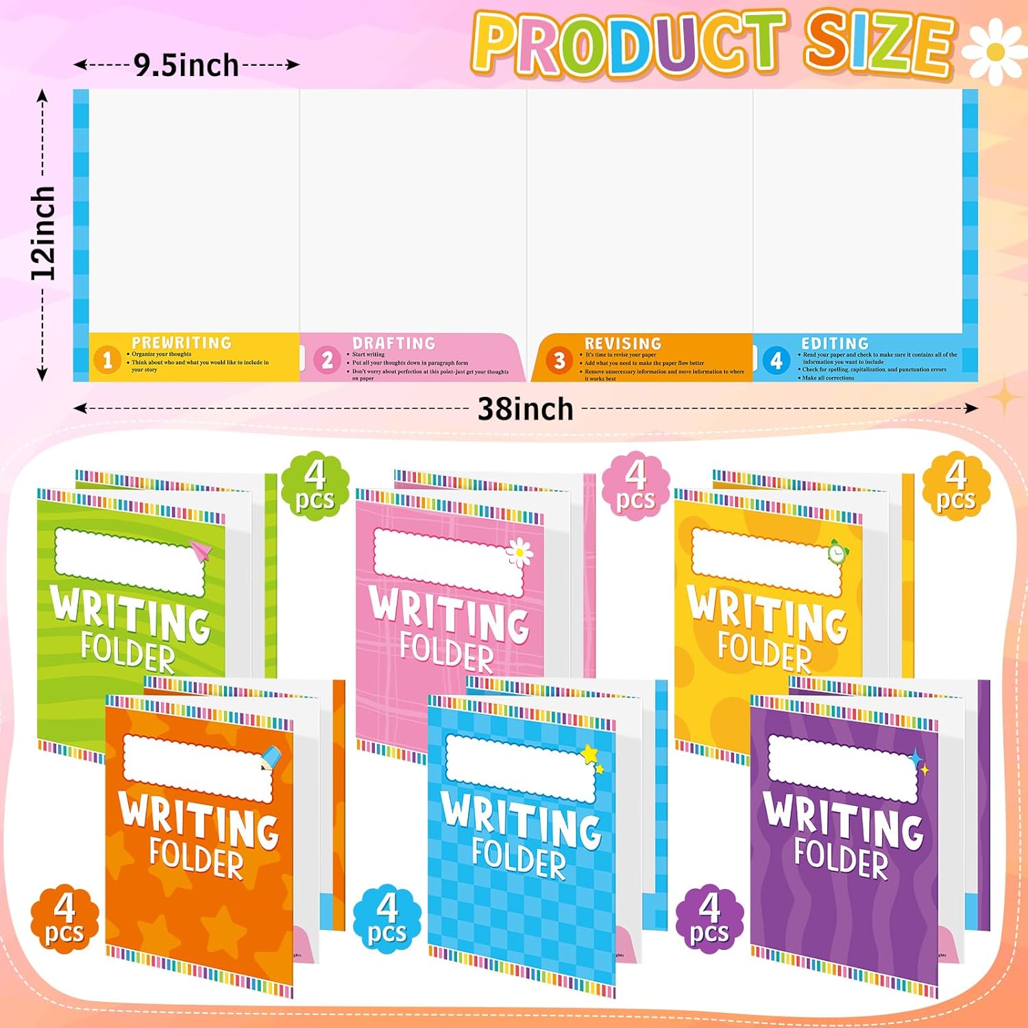 Kisston 24 Pcs Writing Folders with Pockets Bulk Writing Process 4 Pocket Folders Classroom Teaching Supplies for Students Teacher Classroom Kids (Bright Colors)