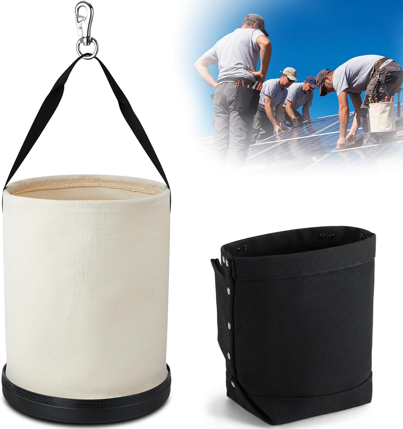 2 Pcs Lineman Canvas Tool Bucket Set Heavy Duty Canvas Bucket and Black Nut Bolt Bag Electrician Aerial Work Tool Organizer for Roofers, Solar Installers, Construction Workers