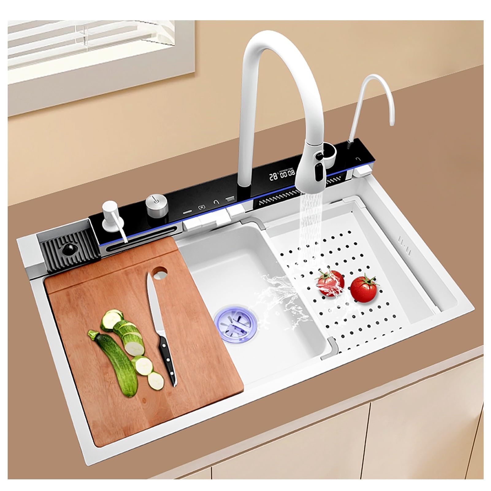Fregadero de Cocina Moderno de Acero Inoxidable Blanco, para instalación bajo encimera, 80x46x23cm, Acabado Cepillado, Rectangular, 1 Orificio, desagüe elevable y Giratorio.