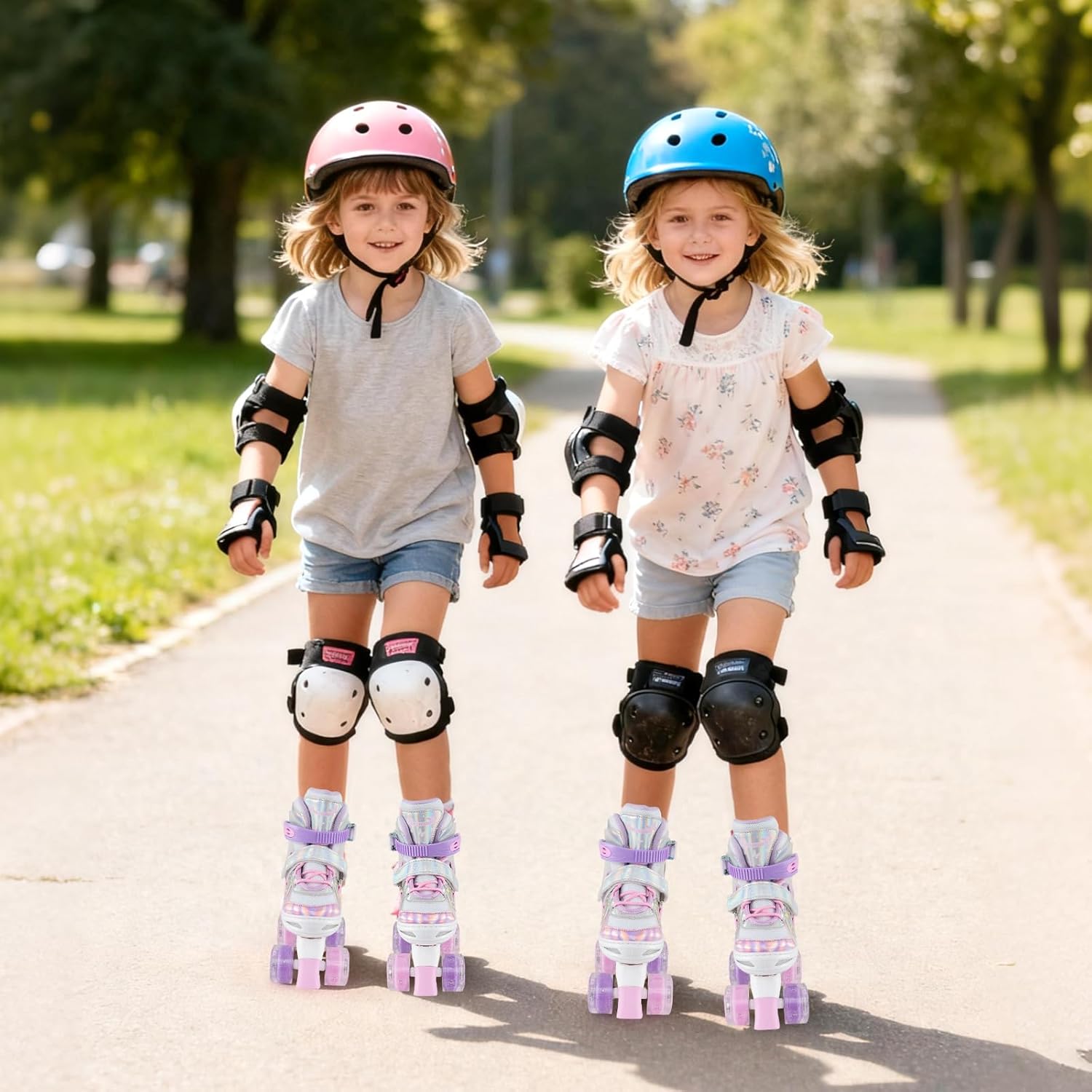 BABY JOY Roller Skates, 4 Sizes Adjustable Quad Skates for Girls Teens Adults 5-8 8-13 13+ with Light-up Wheels & Safety Protection, Fun Illuminating Birthday Gifts for Indoor Outdoor Sports