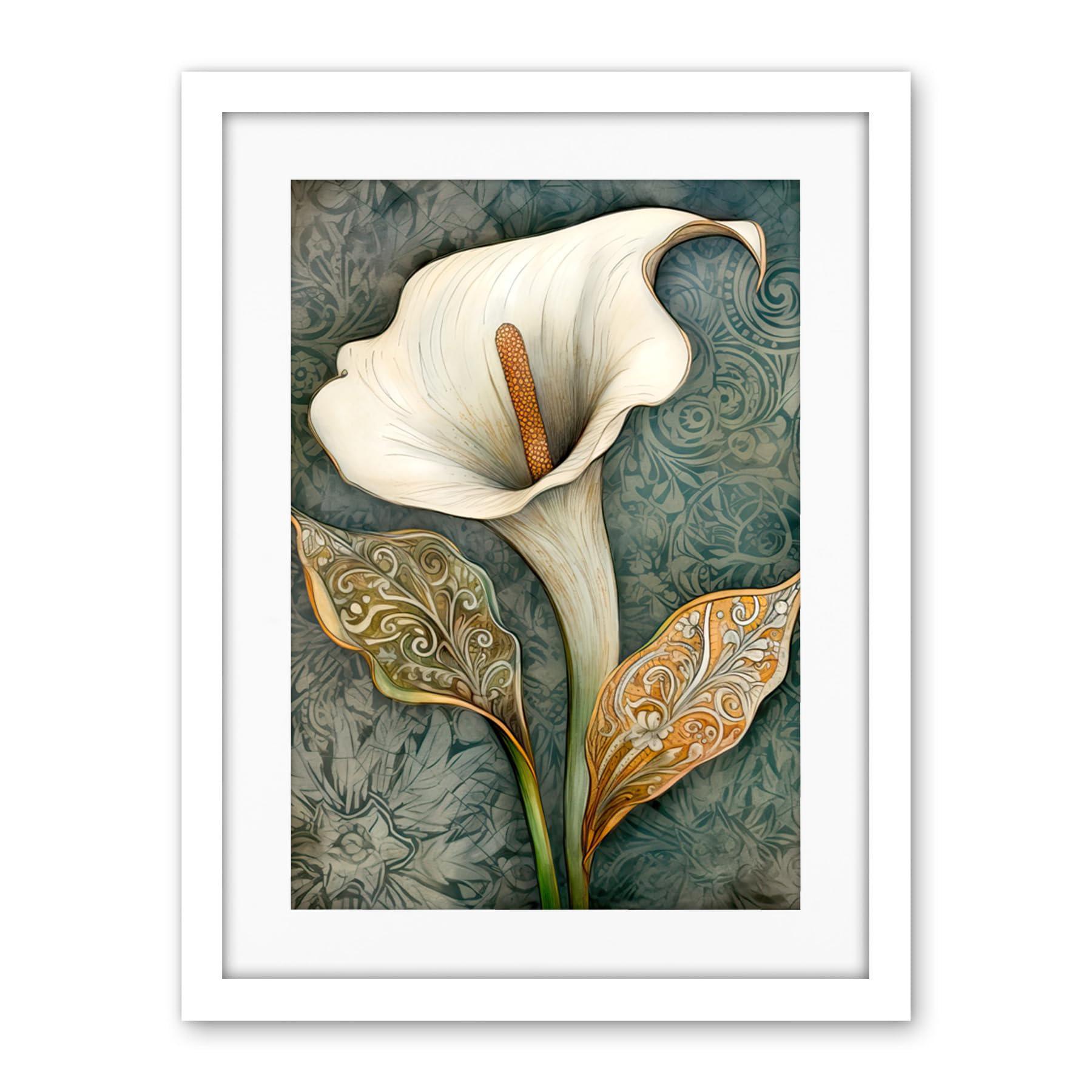 Artery8 William Morris Style Art Nouveau Calla Lily Flower Artwork Framed Wall Art Print 18X24 Inch