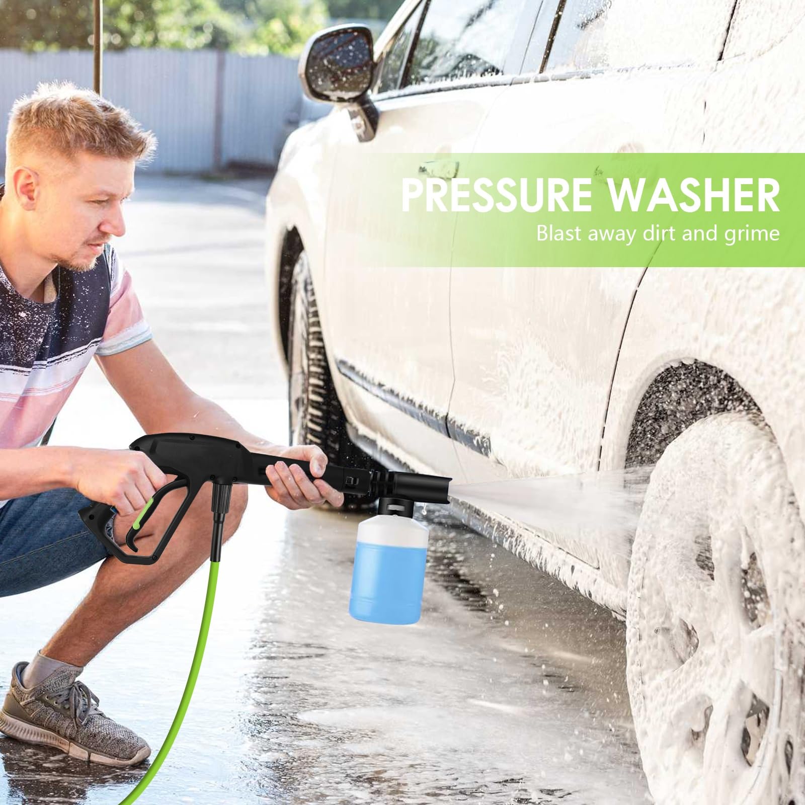 Limpiador a presión de 5000 PSI, limpiadores de alta potencia con manguera de presión de 33 pies, 4 boquillas y cañón de espuma, para el hogar, coches, vallas, patio (verde claro)