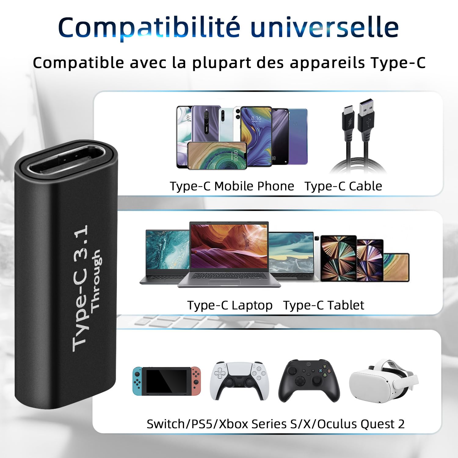 Adaptateur USB C femelle vers femelle 2Pcs USB 3.1 10Gbps 4K Charge Rapide Transfert Données