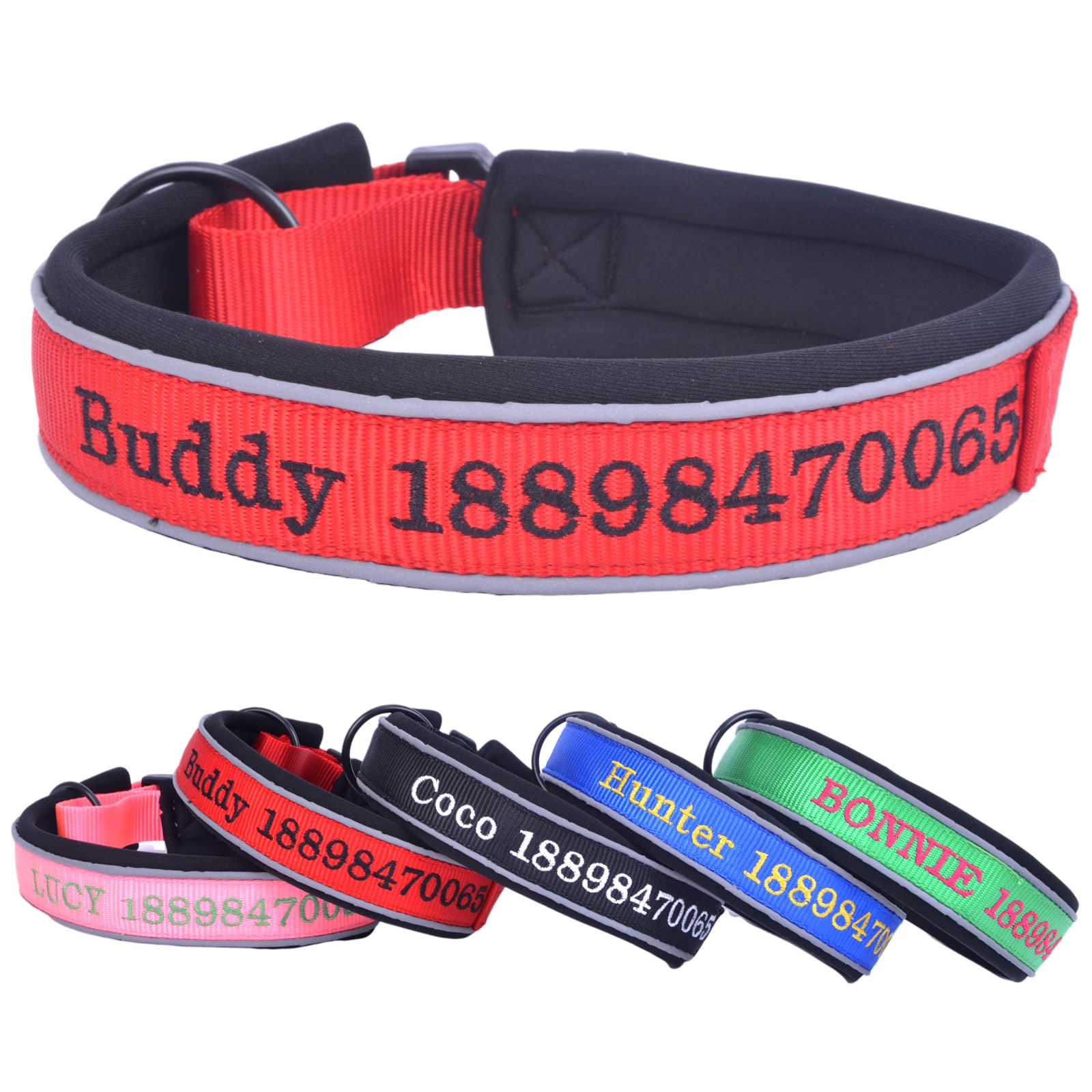 Adjustable Reflective Personalised Thick Dog Collar 1.6 Inch 4 CM Wide with Quick Release Buckle Soft Neoprene Padded Custom Embroidered Pet Name Phone Number for Boy Girl Small Medium Large Dogs