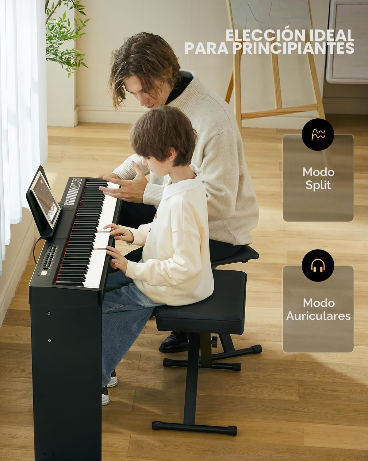 Donner Teclado de piano digital de 88 teclas sensibles a la velocidad con soporte extraíble, piano eléctrico compacto para principiantes con modo Split, pantalla LED y pedal triple, DEP-08
