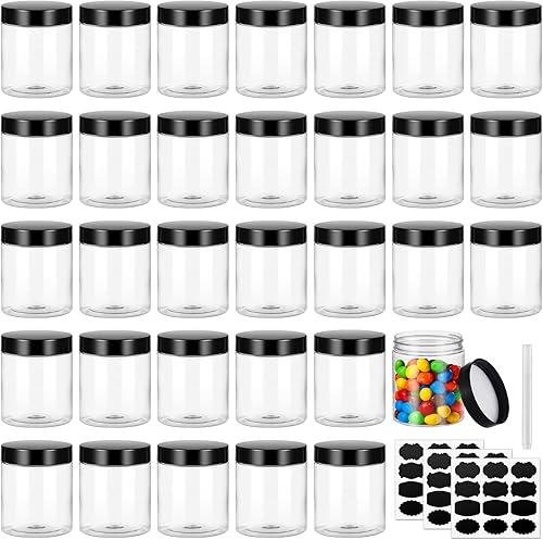 32 tarros de plástico de 8 onzas con tapas, recipientes vacíos para cosméticos, tarros redondos de crema PET con tapas negras, etiquetas