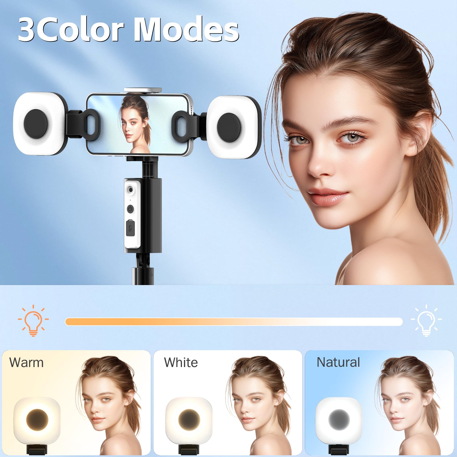 Treppiede per selfie per iPhone, rotazione a 360 gradi che segue il viso e il movimento (supporto 3 in 1 con luce a 2 anelli)