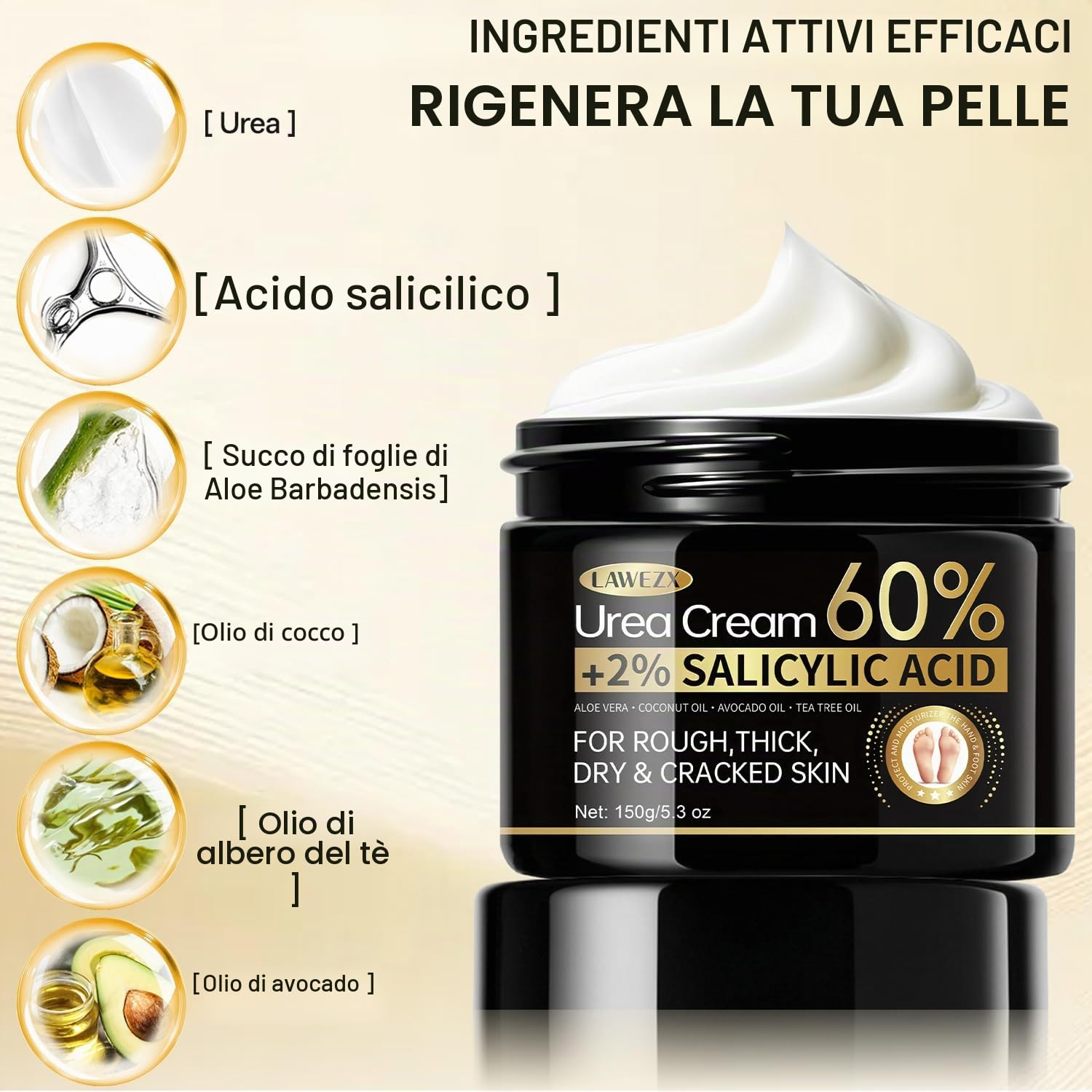 Crema Urea per Piedi e Mani, Crema Piedi Urea 60% con Acido Salicilico 2%, per Mani, Talloni, Gomiti e Ginocchia, Un'idratazione Profonda, Screpolati Rimozione e Ammorbidimento Dei Calli, 150g
