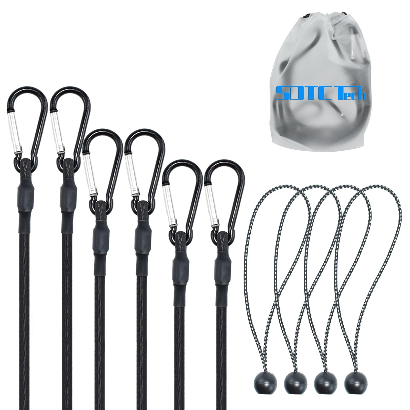 SDTC Tech 12" 18" 24" Mini Short Bungee Cords with Carabiner Hooks Kit