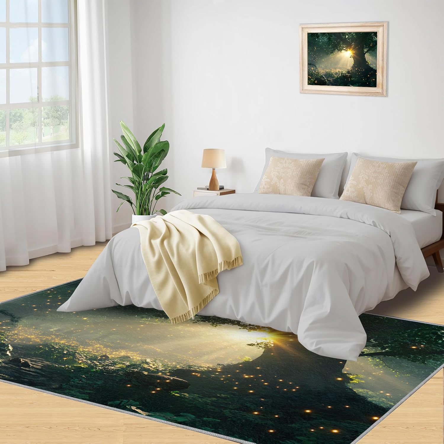Enchanted Forest Area Rug 2x3ft Firefly Forest Rug, Magical Woodland Path Rug Decorative Rugs for Fantasy Room Nature Theme Art Floor Mat, for Washable Living Room Home Decor