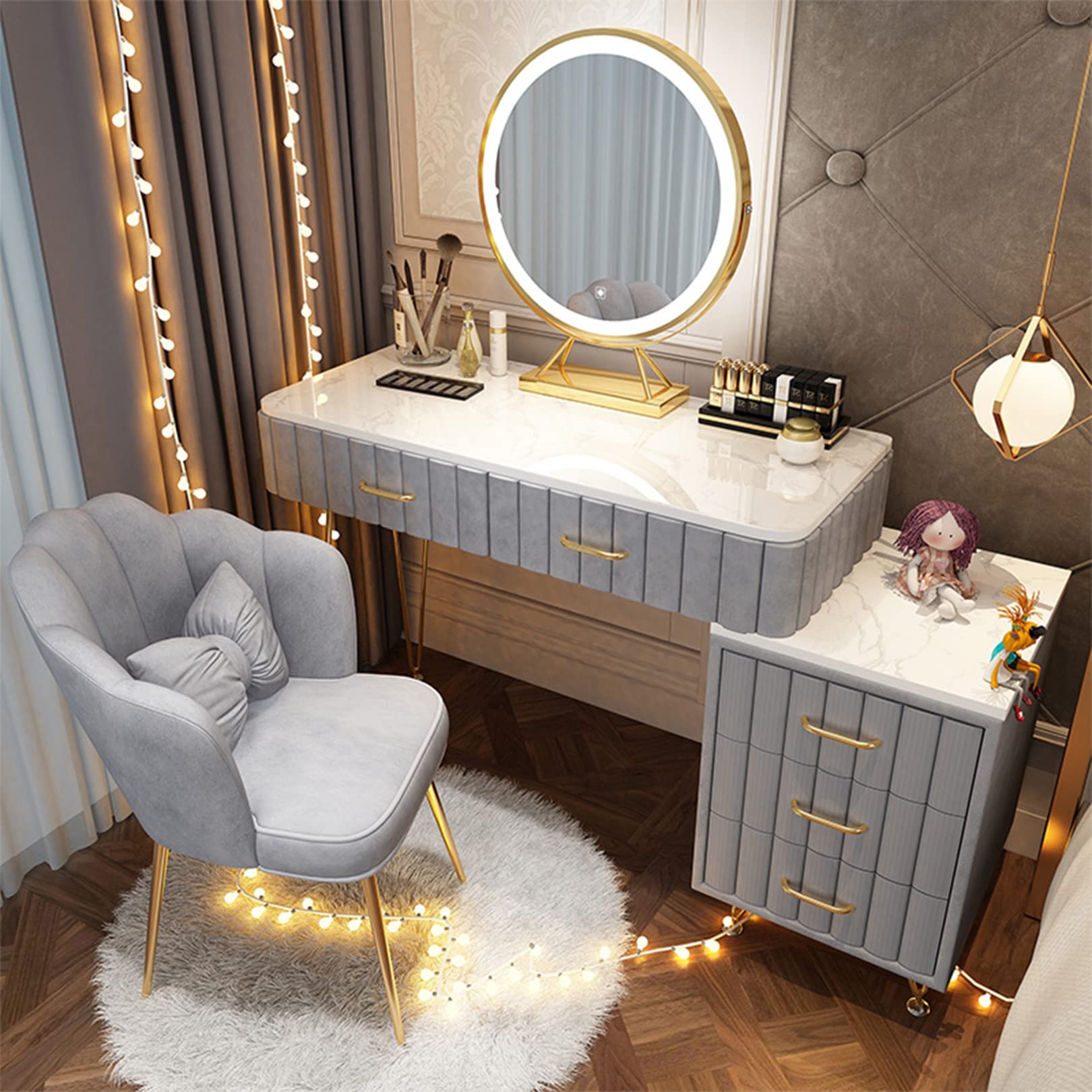 CGCSYZ Modern Makeup Desk with Mirror & Adjustable LED Lights 5 Drawer Dressing Table for Bedroom 3 Lighting Modes Pink(Grey-80cm)