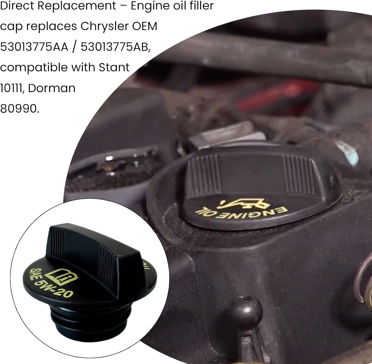 80990 Engine Oil Filler Cap Compatible with Jeep,Dodge,Ram,Chrysler Model | Fits 2011-2018 Ram 1500 2500 3500,2001-2007 Caravan,2006-2020 Challenger,2009-2016 Journey,Replaces 53013775AA 53013775AB