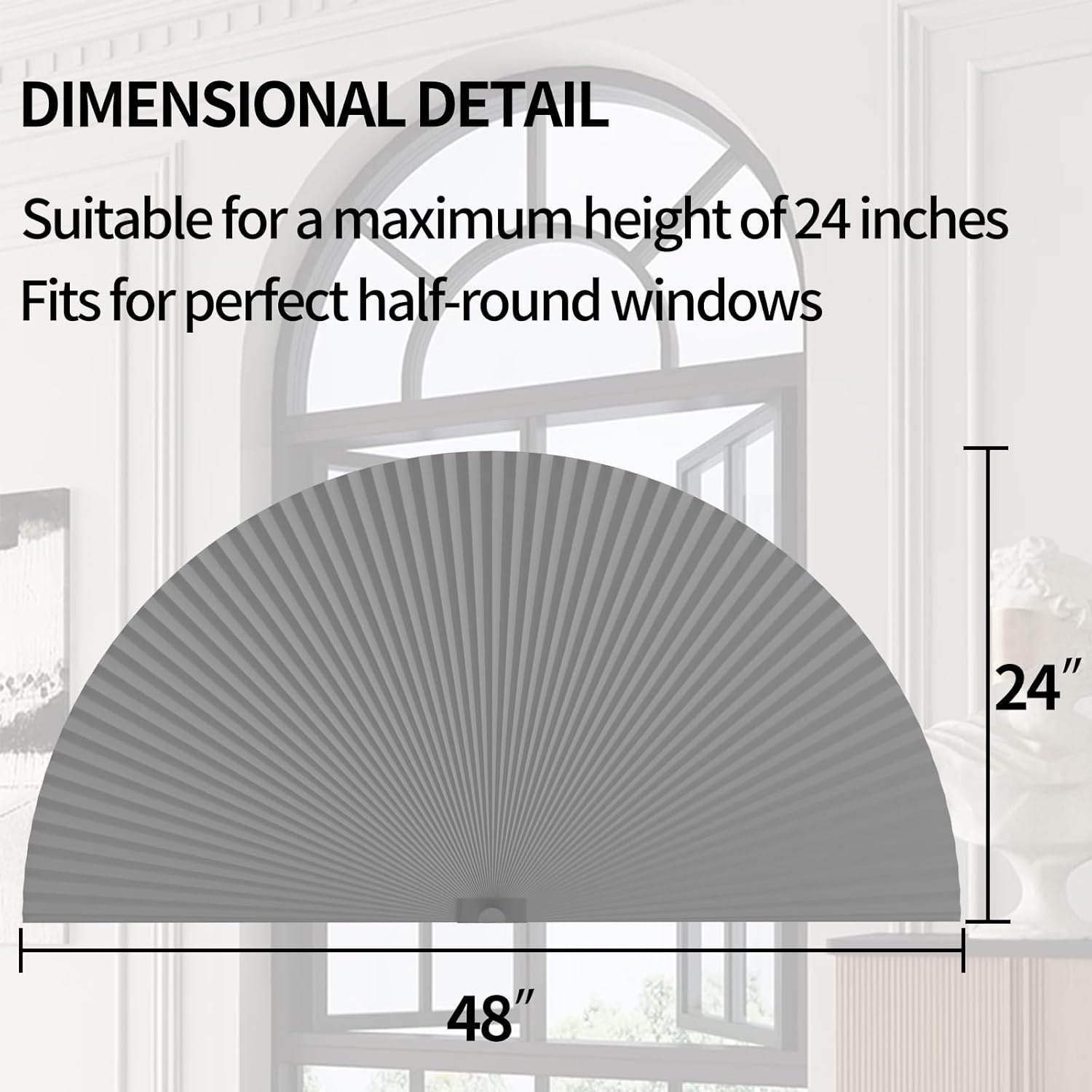 Myshade Arch Window Shades Half Circle Blackout Cellular Shades Cordless No Drill Blinds for Windows Half Moon Honeycomb Fabric No Tools Room Darkening Shades Easy Install (1PCS Grey 48" W X 24" H)