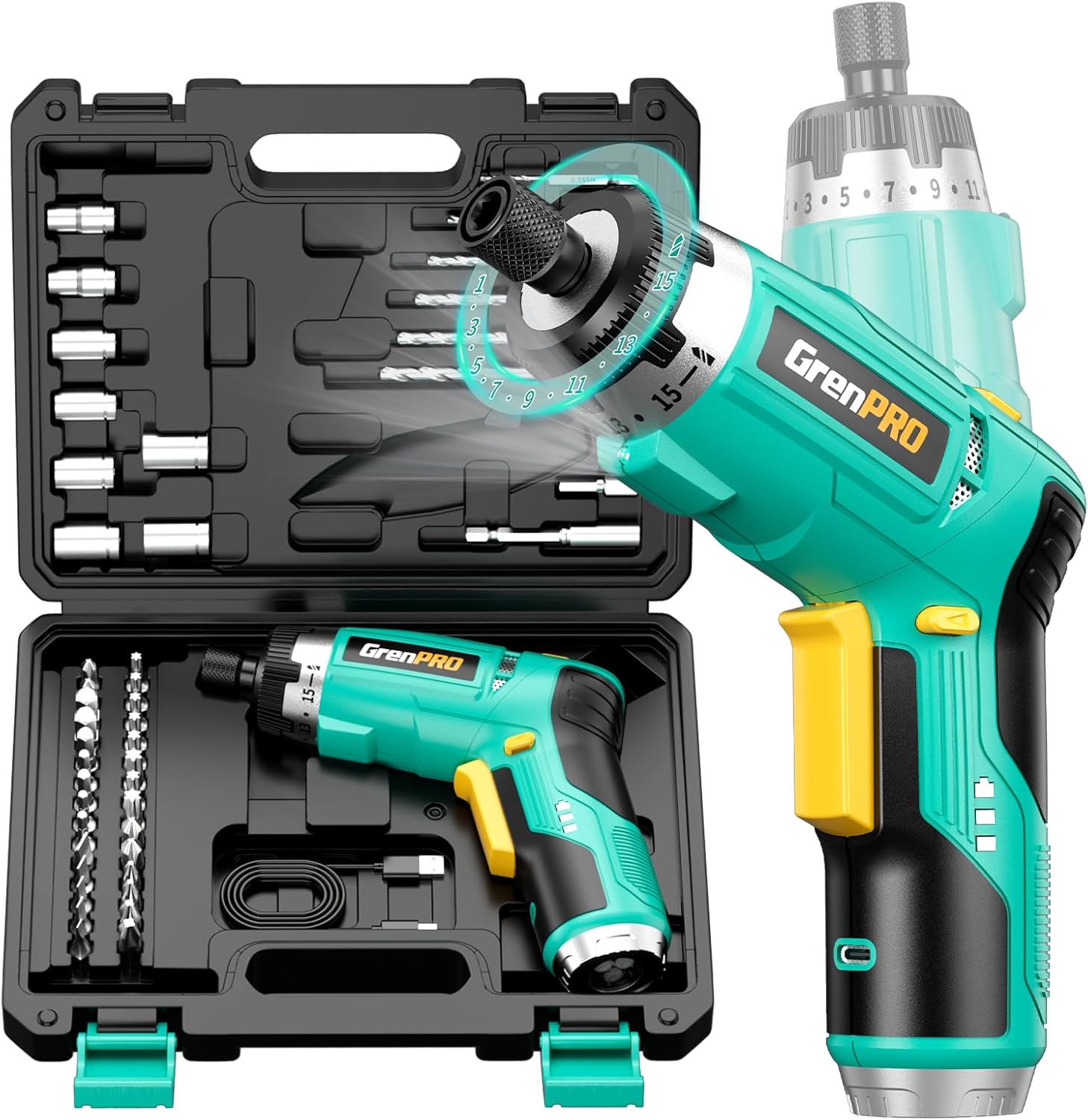 Electric Screwdriver Set Rechargeable, 3.6V Cordless Screwdriver Kit with 44pcs Accessories, 15+1 Torque Settings, 2-Position Handle with LED Light, 5Nm for Home, DIY, Crafts Projects