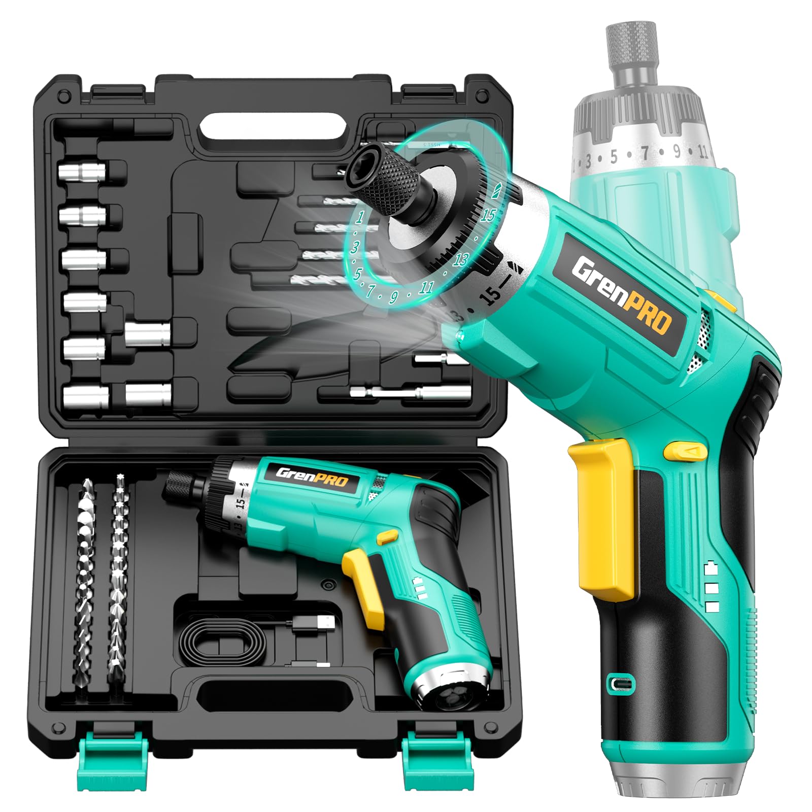 GRENPRO Electric Screwdriver Set Rechargeable 3 6V Cordless Screwdriver Kit with 44pcs Accessories 15 1 Torque Settings 2-Position