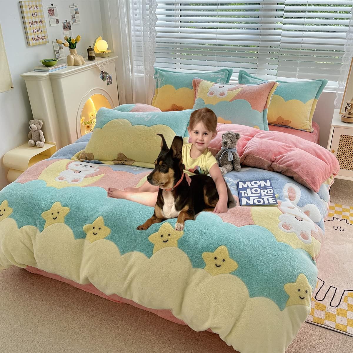 Bunny Duvet Cover Set Fluffy Duvet Cover Kawaii Cartoon Comforter Cover Moon and Star Duvet Cover Queen Bedding Set(Moon Bunny,Queen) - Image 2