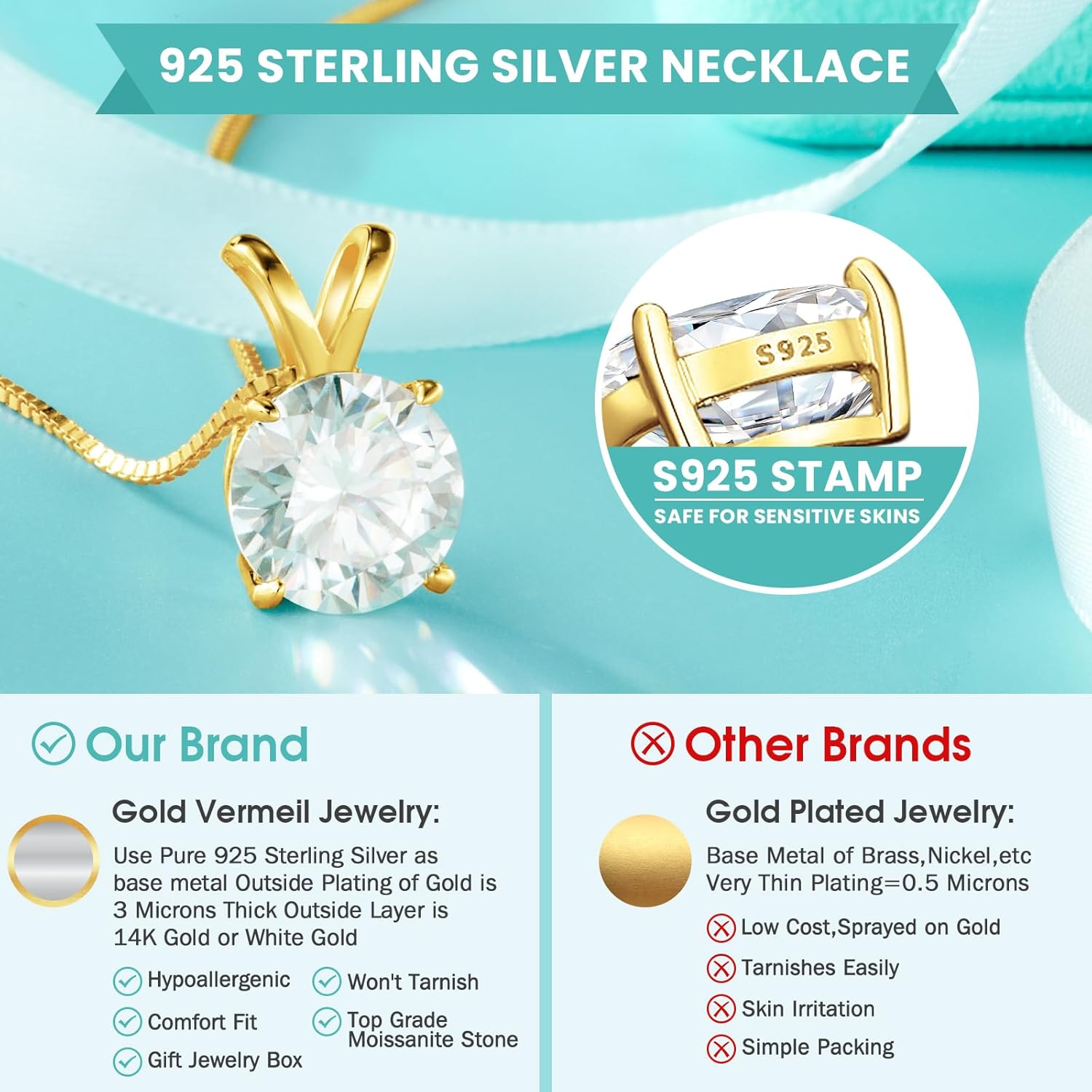 Moissanite Solitaire Necklace for Women, 1-3 Carat Lab Grown Diamond Pendant Jewelry D Color VVS1, S925 Sterling Silver with Gold Plating, 18+2” Silver Chain, Heart Engraving Gift for Wife Girlfriend Mom Yourself on Anniversary Birthday Wedding - Image 5