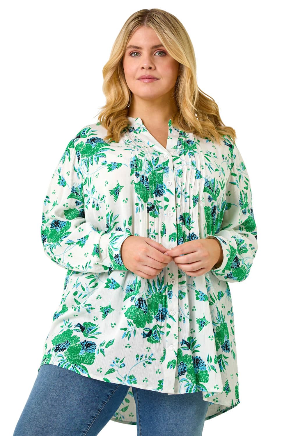 Roman Originals Women's Floral Green Plus Pintuck Shirt For Jersey Blouse Collarless Top Flare Crinkle Notch Neck Tunic 3/4 Length Sleeve Longline Smart Casual Party Going Out - Size 2224