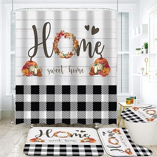 FZDHHY Juego de 4 cortinas de baño de otoño, juego de cortina de ducha de calabaza, juego de decoración de baño de Acción de Gracias, cortinas de