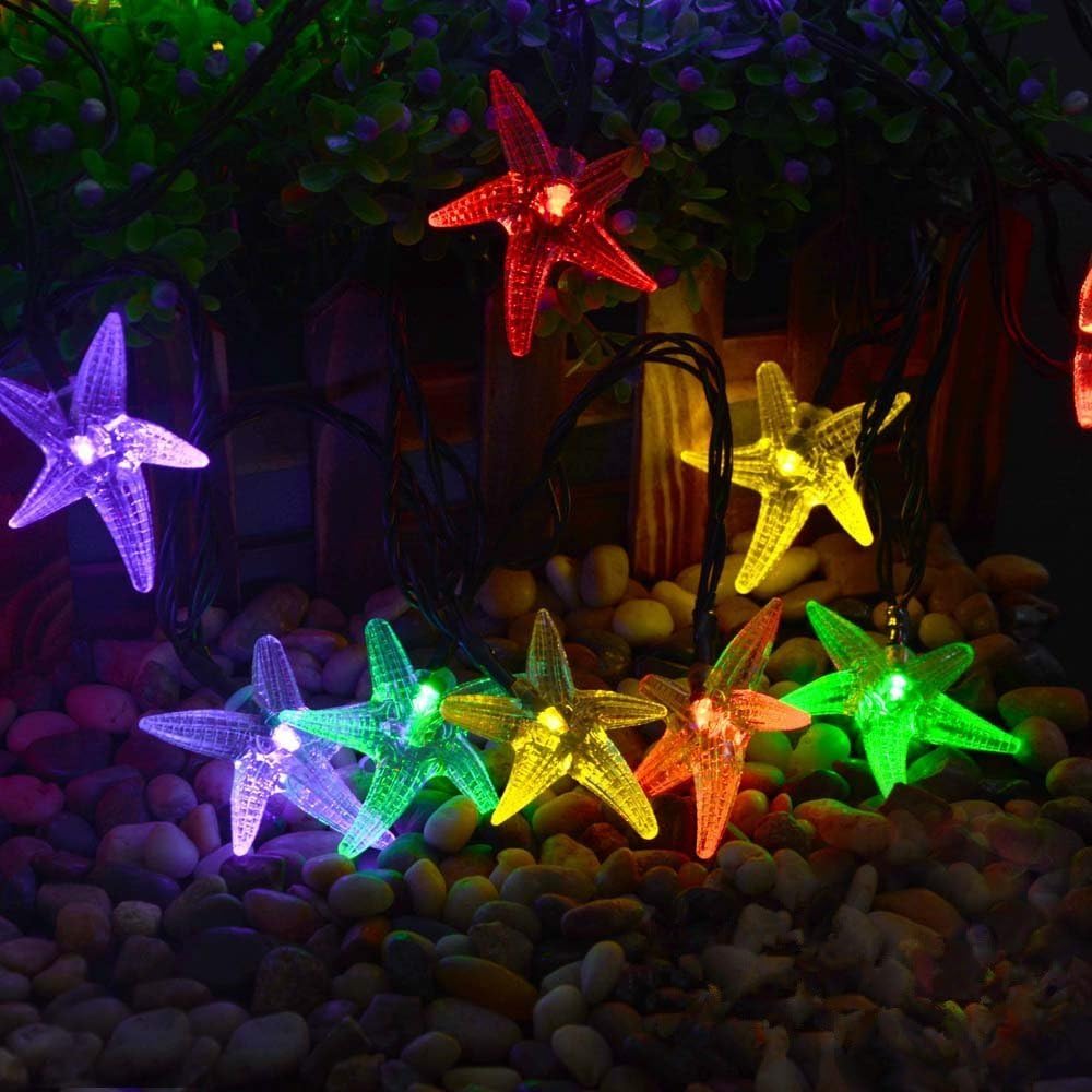 ELEOPTION® 6M LED Solar Powered, IP65 Waterproof 30 LEDs with 2 Modes Steady On/Flash Multi-Function for Outdoor Indoor (Starfish, Colorful)