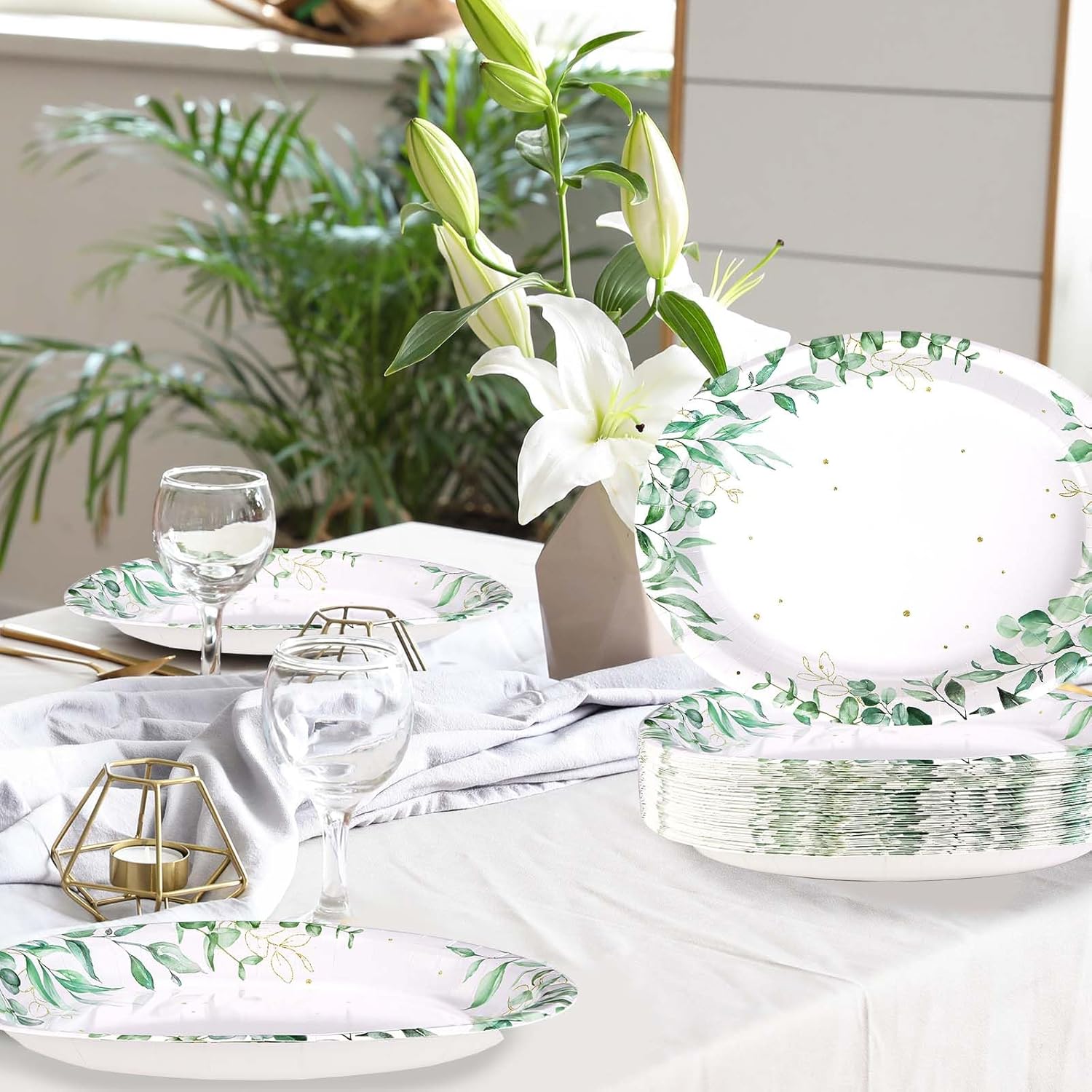 50Pcs Sage Green Oval Paper Plates 10" x 12" Large Disposable Heavy Duty Watercolor Eucalyptus Paper Platters Sage Floral Green Leaves Dessert Plates for Baby Shower Picnic Wedding Dinner Supplies