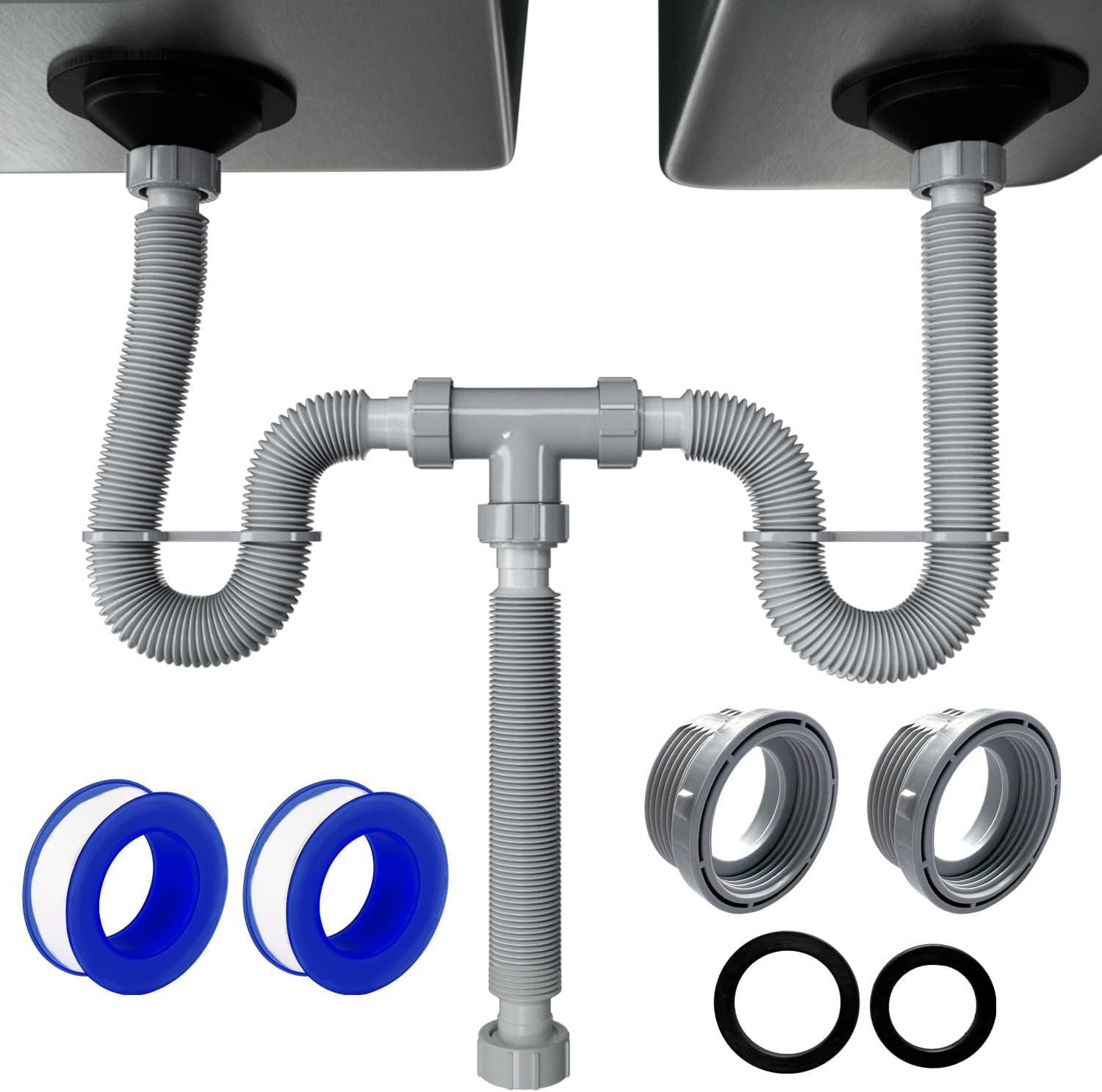 VIVIDA Double Sink Drain Pipe Kit, 1-1/2" Flexible Drain Pipe, 11"-31.5" Expandable Flexible P Trap for Double Kitchen Sink, 1-1/4" Adapter Included, Gray, 1 PACK
