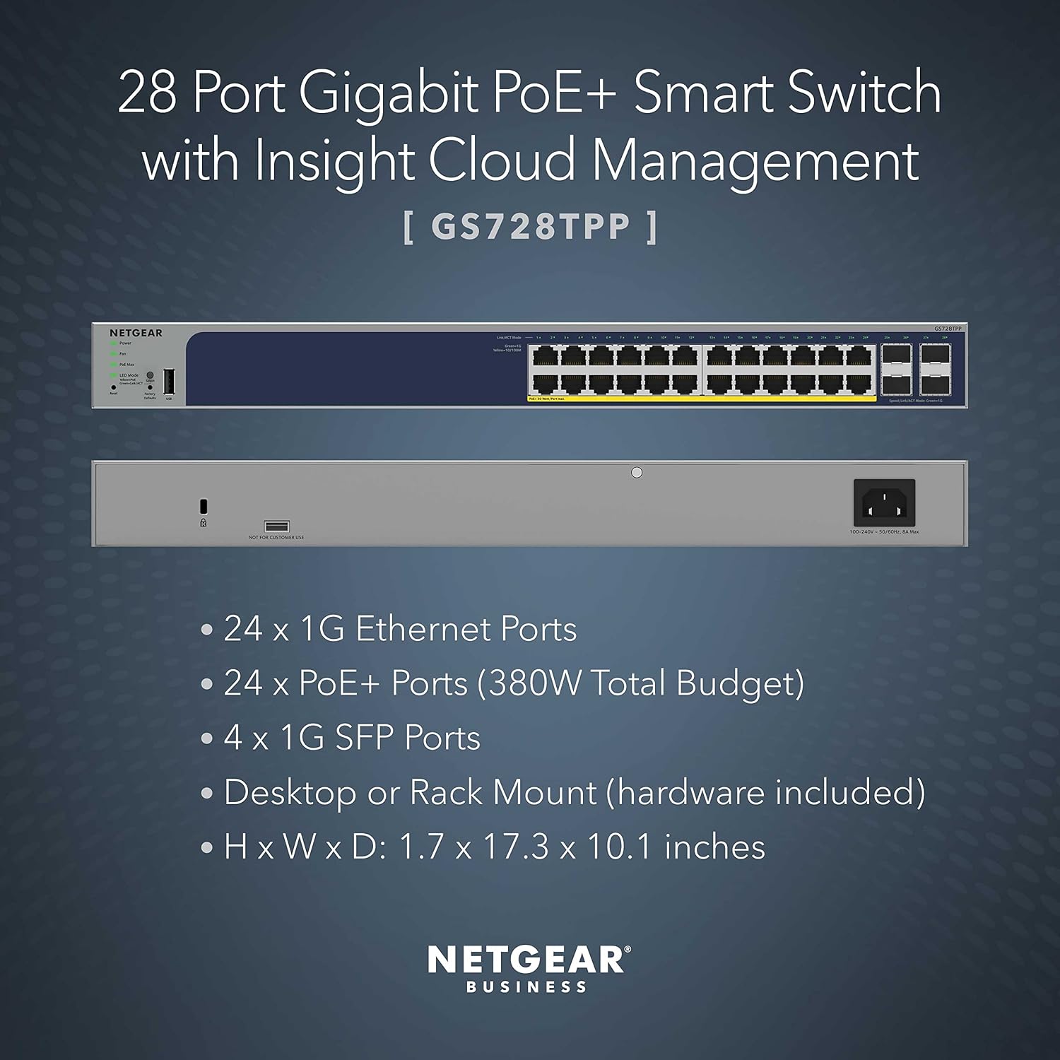 NETGEAR - GS728TPP-300EUS - 28 Port Gigabit RJ45 Gigabit PoE Manageable Web Ethernet Smart Switch - 24 Port PoE Plus 380W RJ45 Switch, 4 x 1 Gigabit SFP Ports