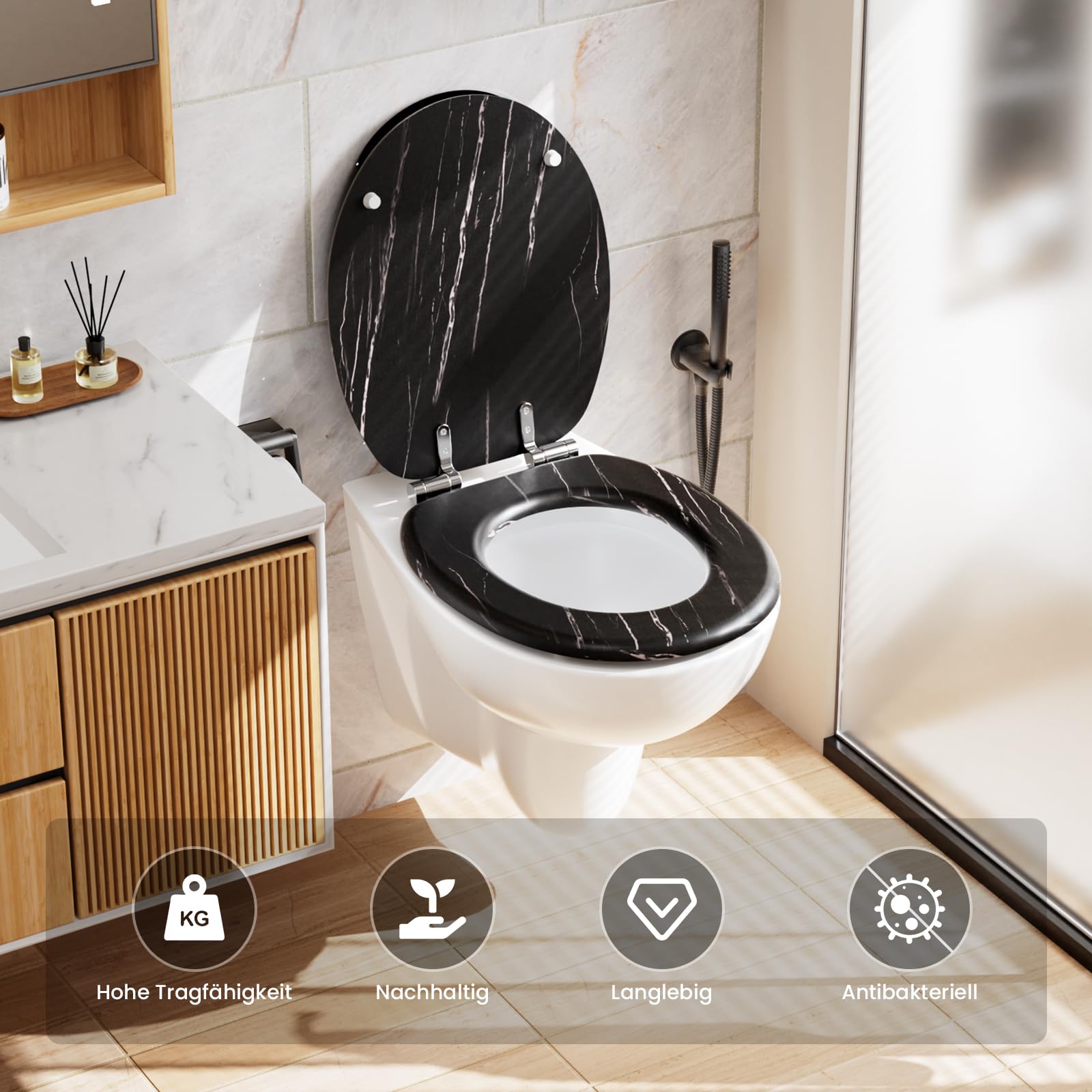 Toilettendeckel mit Absenkautomatik Holz - WC Sitz Bambus Klodeckel Oval MDF Klobrille Toilettensitz Softclose Toilet Seat Schwarz 175 KG Belastbarkeit