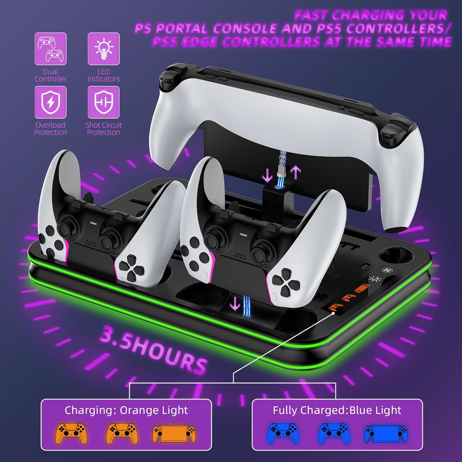 Applicable to PS5/Pro/Slim Cooling Stand with RGB Lights and PS Portal Charger, PS5&Edge Controller Charging Dock;Playstation console Cooling Station;Controller Charging Station；PS Portal charger;PS5/Slim/Pro/Portal Accessories Kit; Headphone Hanger, Remote Control Storage;Black