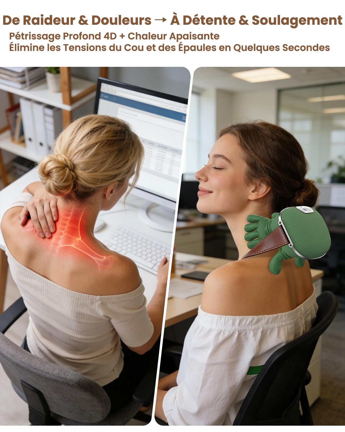 Masseur Cervical, 4D à Main Bionique Massage Cervicales et cou, Grande batterie 4000mAh, Masseur Dos et Cervicales Chauffant & 3 Niveaux d’Intensité, Massage Shiatsu Profond pour Soulager Douleurs