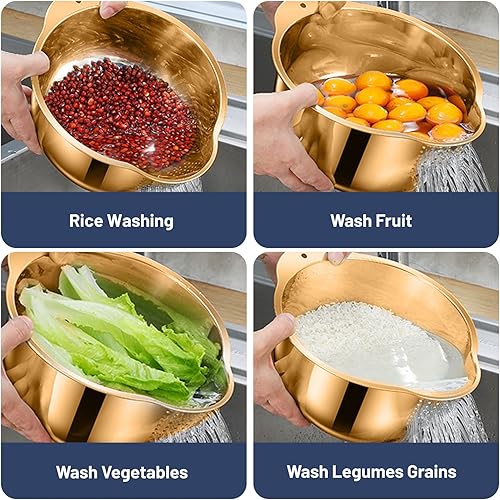 Miniatura 6 de Juego de 2 cuencos de lavado de arroz, coladores y coladores de alimentos, colador de arroz de acero inoxidable para limpiar frutas, verduras y