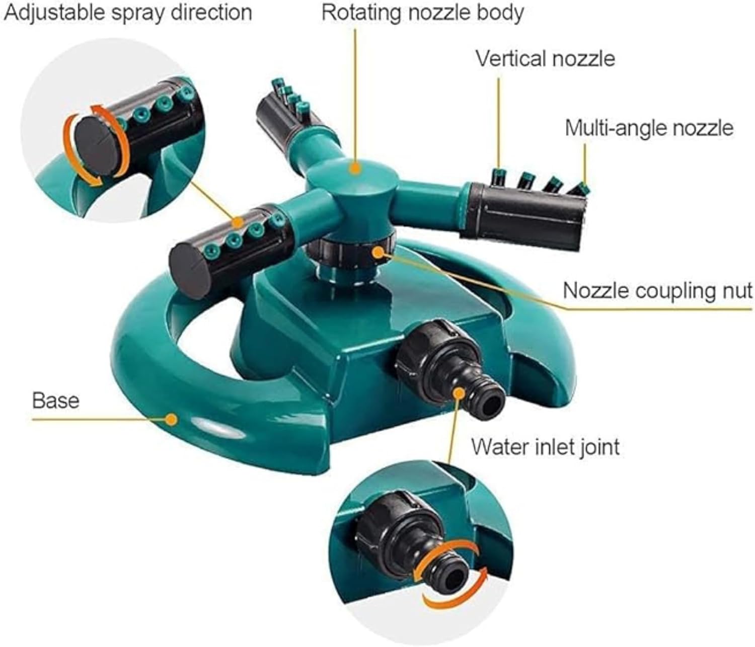360° Rotating Lawn Water Sprinkler - Automatic Adjustable 3-Arm Garden Sprinkler for Large Area Coverage, Plant Irrigation, Yard Water Sprayer for Kids Playing (Green, Pack of 1)