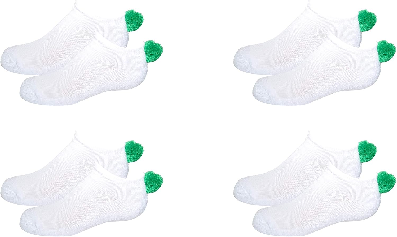 NEW! Pom Pom Socks Girls (4 Pair) Youth - Lowcut Ped Socks Pom-Pom Athletic Socks - Fits Kids Shoe Size: 9-3 (Green 4 Pair)