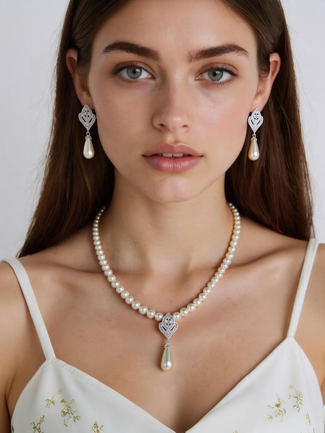 Pearl Necklace and Earring Set for Women,Pearl Jewelry Set Fake Pearls Necklace Imitation Beaded Collar de Perlas Para Mujer Necklaces for Prom Bridesmaid Costume Accessories - Image 3