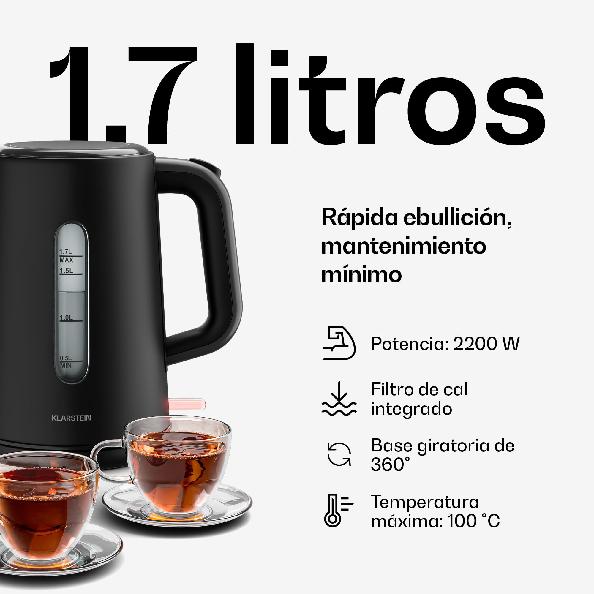 Klarstein Juego de Desayuno Esencial Velaire - Tostadora 2 Ranuras 800W con 7 Niveles, Bandeja Recogemigas, Soporte Panecillos, Hervidor Agua Eléctrico 1.7L Filtro Antical, Apagado Automático