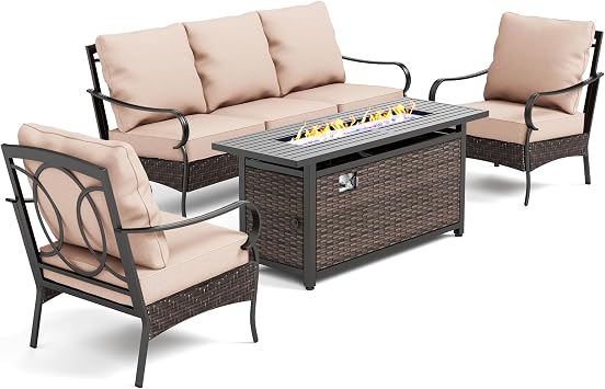 PHI VILLA Outdoor Patio Furniture Set with 56" Fire Pit Table