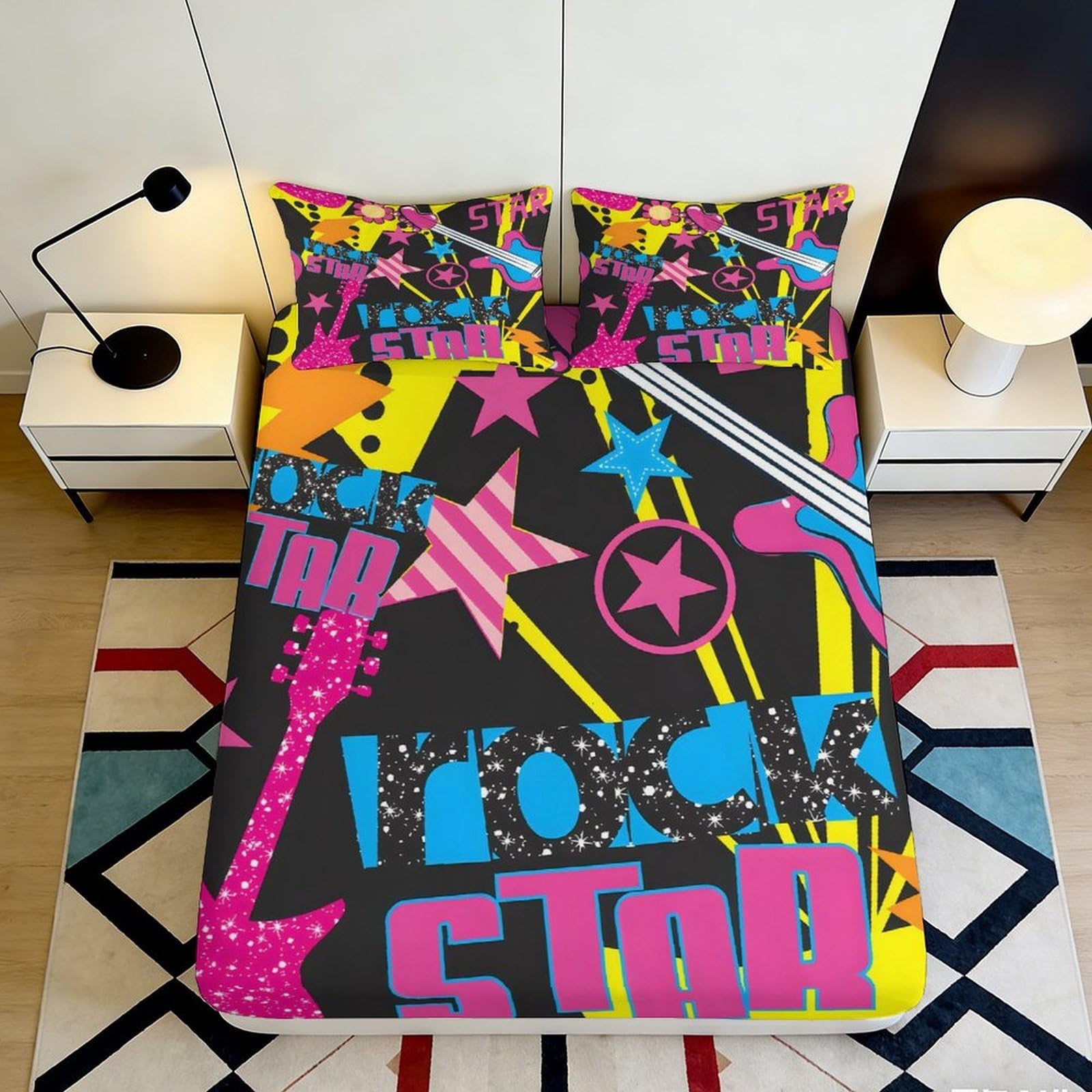 3D Printed Rock Star Fitted Sheet Microfiber Colorful Guitar Music Bed Cover for Bedroom Dorm Machine Washable Decor 90x200x25cm