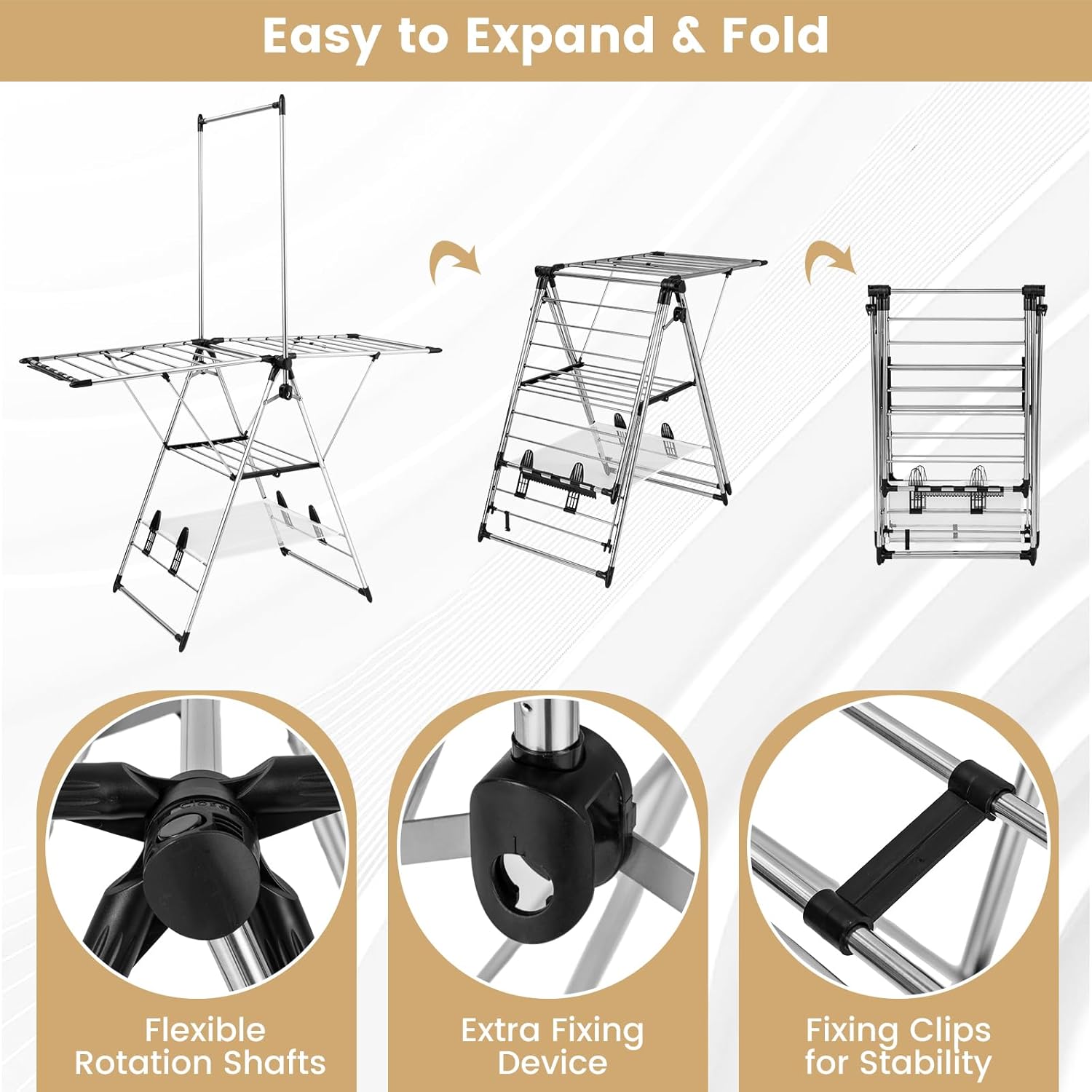 Tangkula 2-Layer Stainless Steel Drying Rack, Foldable Laundry Rack w/ 1 Hanging Bar & 2 Height-Adjustable Wings, 23 Drying Rails, Netting Clothe Drying Rack, No Assembly Required