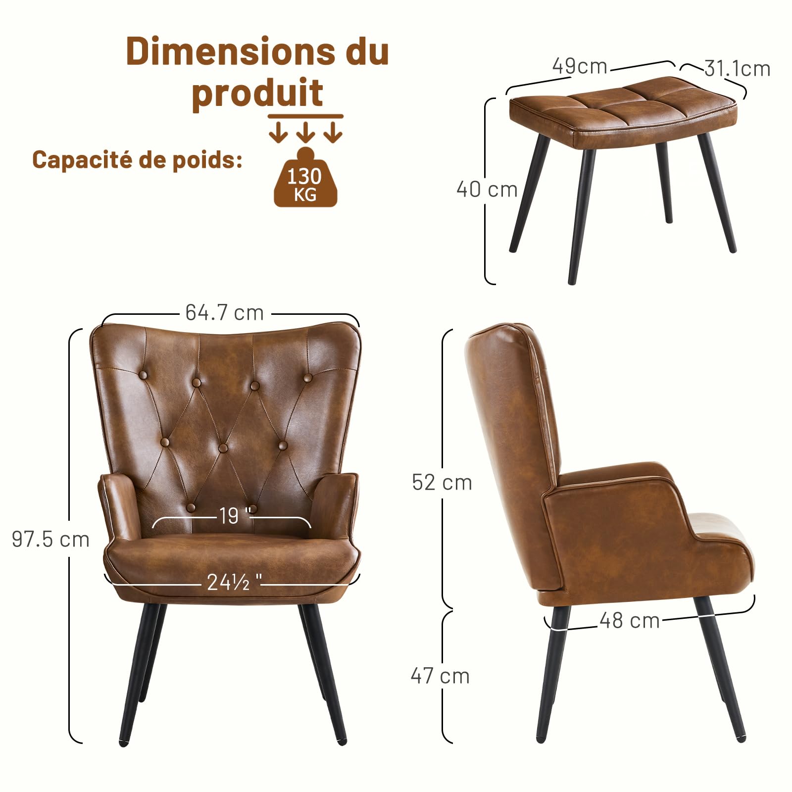 Fauteuil Salon avec Repose-Pieds, Fauteuil Scandinave Relax en Similicuir avec Accoudoirs & Dossier, Chaise Chambre pour Salle à Manger, Salon, Chambre, Chaise Bureau, Allaitement, Brun