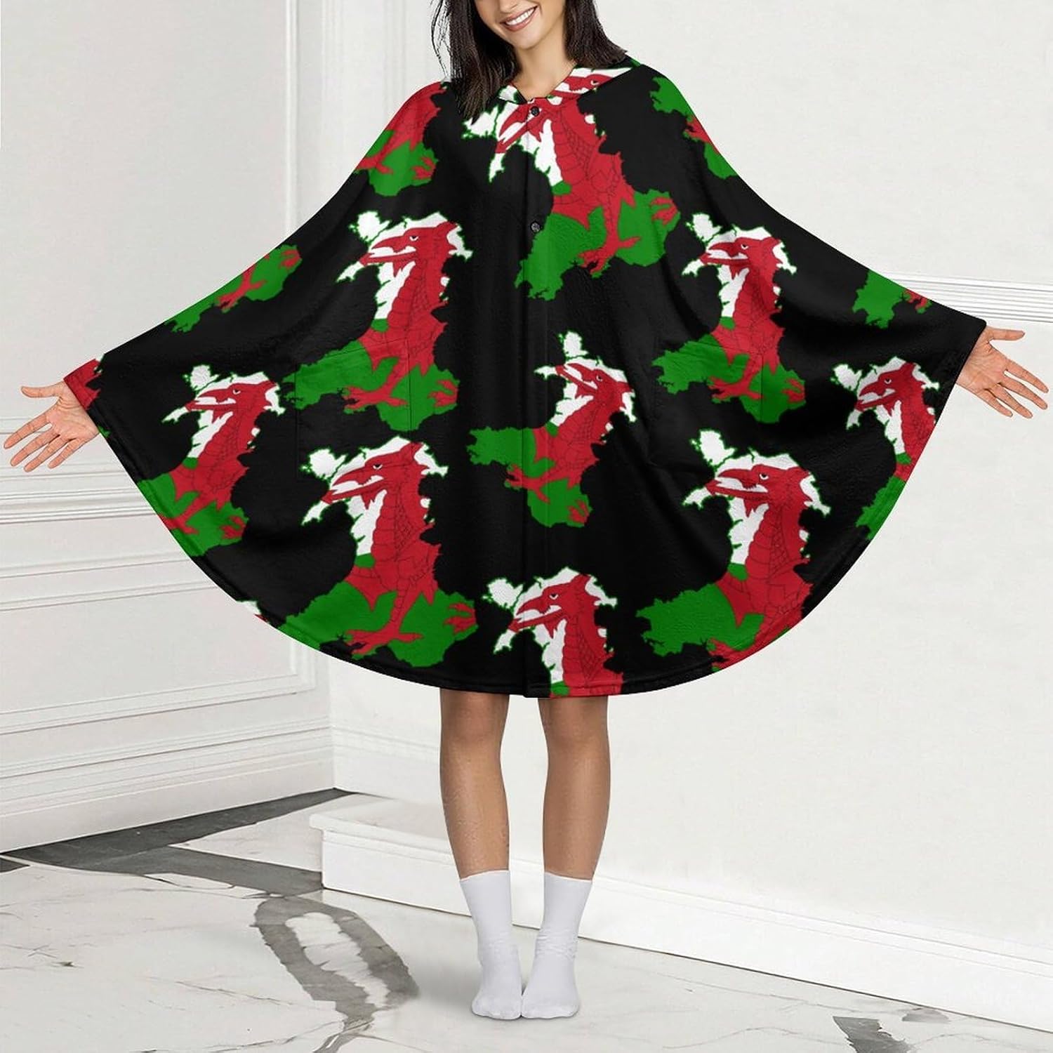 Welsh Flag Map Wearable Blanket with Hooded Flannel Blankets Cape with Pocket