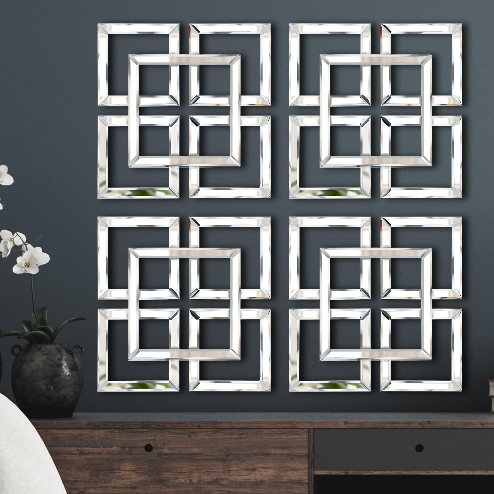 Tatuo 4 Sets Silver Mirrored Wall Decor 16 x 16 Inches DIY Wall Mounted Mirrors Gorgeous Glam Decorative Modern Square Mirror Wall Art for Living Room Home Bedroom