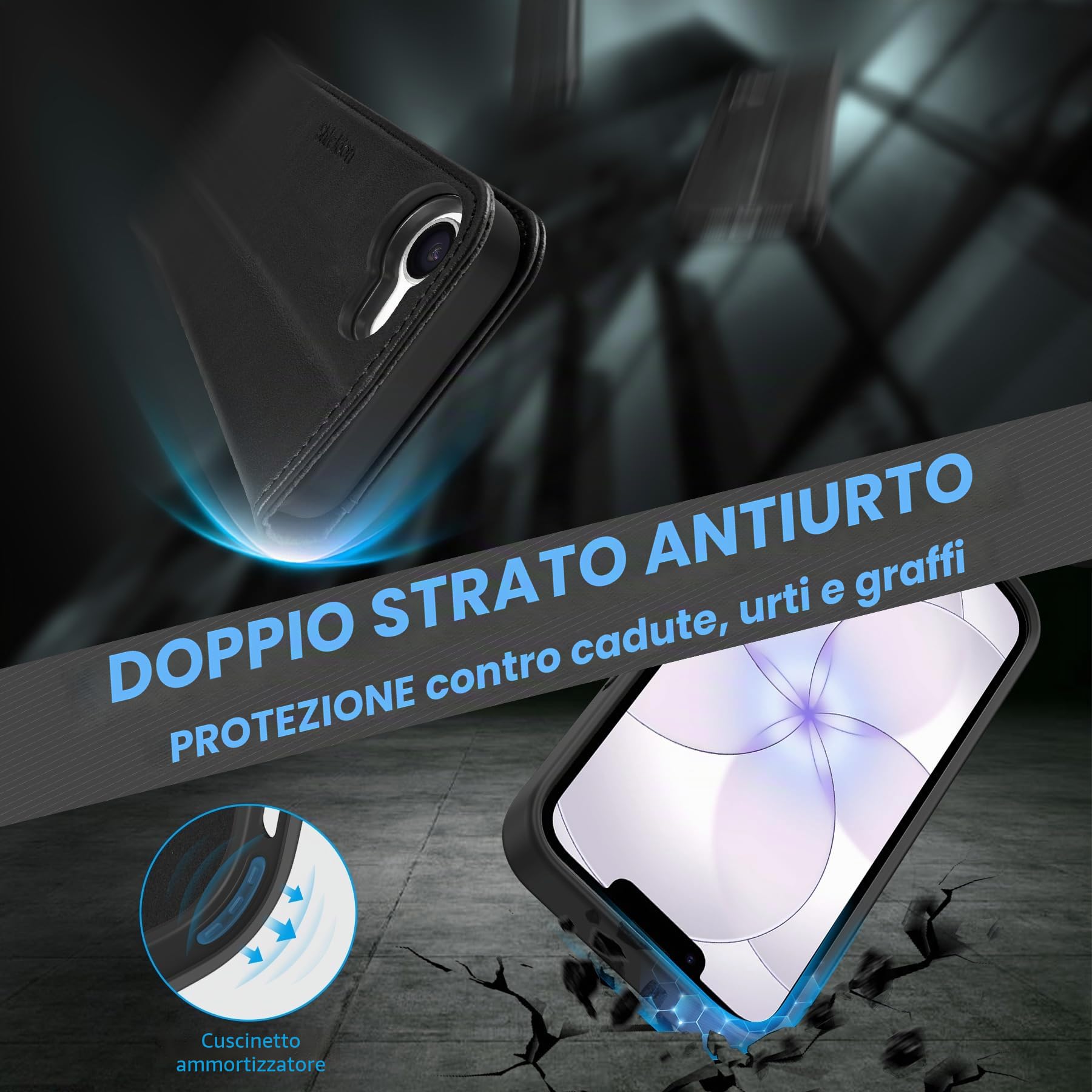 SHIELDON Cover in Vera Pelle per iPhone 16e/17e 6,1" 5G 2026, Nero | Blocco RFID, Portafoglio Magnetico 2 in 1, Ricarica Wireless, Cavalletto, Flip Rimovibile, Porta Carte, Custodia a Libro